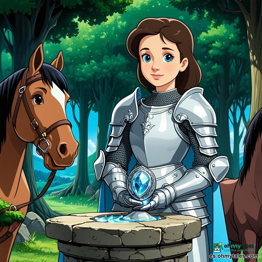 Una joven caballera de rostro redondo y ojos grandes y brillantes, con armadura ligera plateada con reflejos azules y capa corta verde bosque, expresión emocionada y serena, sostiene un medallón de plata sobre un pequeño pedestal; a la izquierda, un caballo llamado Brisa, cuerpo pardo lustroso y crin flotante, con el hocico junto a un murete y mirada protectora, pisa ligeramente la musgo; al fondo, un capitán de unos 45 años de rostro curtido, con armadura más pesada apoyada en el suelo, sonríe orgulloso junto a la entrada de la torre con las manos cruzadas sobre el peto; la escena ocurre en la cima de una torre de piedra gris cubierta de hiedra, suelo de losas irregulares y escalones gastados, bajo un cielo nocturno violeta con una gran luna plateada y estrellas; la caballera acaba de abrir una pequeña caja de madera tallada y descubre el medallón que brilla suavemente a la luz de la luna, atmósfera tranquila y heroica, colores cálidos en los personajes y tonos fríos en el fondo.