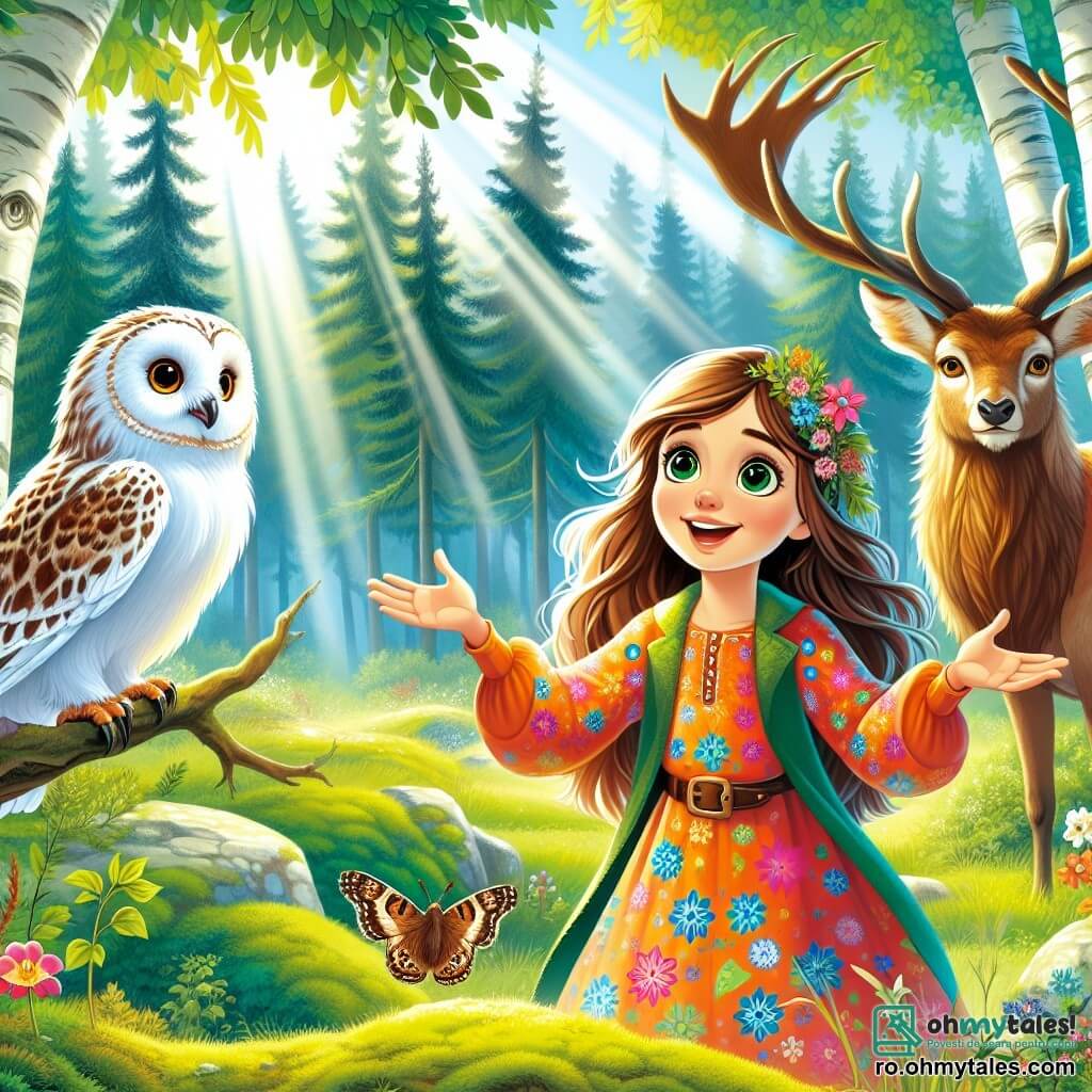 O fetiță de 8 ani, Alina, cu părul lung și brunet și ochii strălucitori de curiozitate, se află în centrul unei poieni luminoase din pădure. Ea poartă o rochie colorată cu flori și are un zâmbet încântat, cu brațele ușor deschise, ca și cum ar primi magia naturii. În dreapta ei, o bufniță măreață cu pene albe ca zăpada, așezată pe o ramură joasă, o privește cu ochi înțelepți și strălucitori, pregătită să împărtășească cunoștințele sale. În stânga, un cerb impunător cu coarne mari și ramificate, cu blana brună aurie strălucind sub soare, stă demn, ascultând cu atenție conversația dintre Alina și bufniță. Locul este o poiană însorită, înconjurată de copaci verzi cu frunze vibrante, unde razele de lumină filtrează printre crengi, creând un joc de umbre dansante pe solul acoperit de mușchi. Flori sălbatice colorate presară solul, adăugând o notă de magie mediului. Situația principală o arată pe Alina, încântată, ascultând bufnița și cerbul, în timp ce aceștia îi împărtășesc lecții de înțelepciune despre natură și schimbare, creând o atmosferă de învățare și uimire.