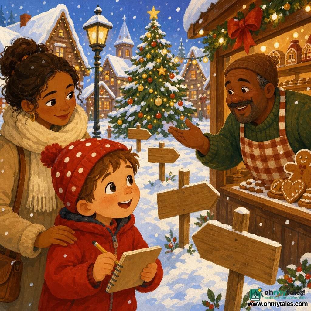 A 4-year-old boy with tousled light-brown hair, red polka-dot mittens and a zipped red coat smiles with bright eyes as he holds a small notebook and pencil to write a name on a snowy street; a woman (mother, ~30) with tied brown hair and a cream scarf walks just behind him, hand near his shoulder, smiling softly; an older baker (~50) with a round face and checked apron leans from a decorated bakery window, making a welcoming gesture; the small village square is under snow with wooden houses, golden garlands, warm lights, a large decorated Christmas tree and shop windows with gingerbread and ribbons, and freshly planted wooden provisional street signs bearing the boy’s new names as snowflakes fall, creating a warm, magical atmosphere.