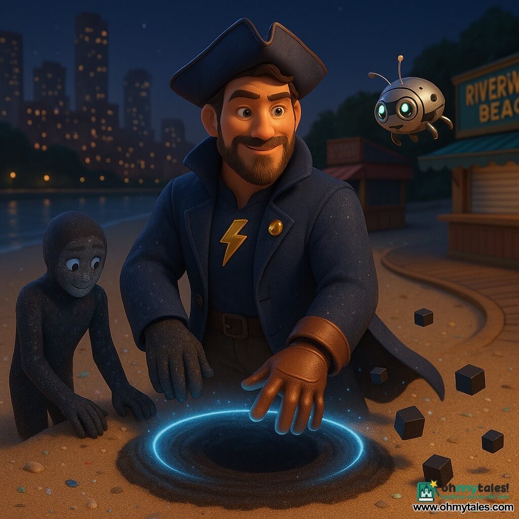 Captain Voltair stands center with a warm, determined face and confident smile, his midnight-blue coat billowing like a cape, a glowing lightning badge on his chest and copper gloves with small dials; blue luminous wind flows from his palms into a dark sand circle as his silver, ladybug-shaped drone Zip, with green camera eyes, buzzes at his right shoulder filming. To his left, Gloom Glitch—a tall silhouette of dark pixels with sparkling, static-like edges and a shy, peaceful expression—places its hands on the circle to help seal the drain. Small black floating cubes are repelled by a ring of blue light. The scene is Riverwalk Beach at night, an urban beach with a curved wooden boardwalk, a silver river and skyscrapers whose lights are coming back on; the mood is clear, colorful and reassuring as the hero and creature cooperate to close the hole of darkness.