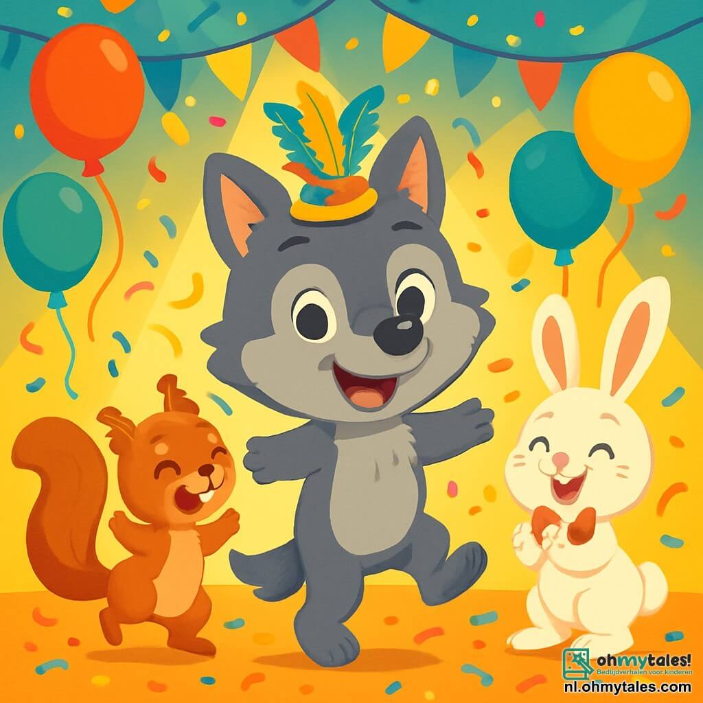 Een vrolijke kleine wolf met een grijze vacht en sprankelende ogen danst midden in een carnaval, zijn stralende glimlach toont zijn vreugde. Hij draagt een kleurrijk hoedje versierd met felle veren. Naast hem springt een schitterend klein eekhoorntje met een bruine vacht en een pluizige staart van blijdschap, zijn ogen stralen van geluk. Een schattig wit konijn met grote oren en een rode strikjuwelen applaudisseert lachend, recht achter de wolf. De achtergrond is gevuld met kleurrijke ballonnen die in de lucht zweven, glinsterende slingers en confetti die als sterren vallen. Helder licht verlicht de scène, waardoor een feestelijke en warme sfeer ontstaat. De hoofdscène toont de wolf en zijn vrienden die samen dansen, omringd door gelach en muziek, het carnaval vierend met blije bewegingen en lachbuien.