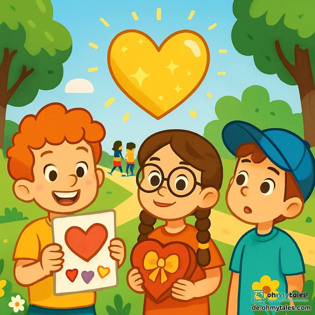 Ein 8-jähriger Junge, Tim, mit lockigen roten Haaren und einem breiten, fröhlichen Lächeln, hält eine mit bunten Herzen verzierte Valentinstagskarte. Er steht in einem sonnigen Park, umgeben von leuchtenden Blumen und großen Bäumen mit grünen Blättern. Neben ihm steht seine beste Freundin Mia, ein 8-jähriges Mädchen mit geflochtenen braunen Haaren und runden Brillen, die lächelt und eine herzförmige Schachtel Pralinen hält. Etwas weiter entfernt beobachtet Ben, ein 8-jähriger Junge mit braunen Haaren und einer blauen Mütze, neugierig ein großes, goldenes Herz, das am Himmel funkelt. Die Szene spielt in einem lebhaften Park, voller spielender Kinder und Paare, die Händchen halten, was eine festliche und fröhliche Atmosphäre schafft. Die drei Freunde entdecken ein mysteriöses goldenes Herz, das ihre Freundschaft und den Geist des Valentinstags symbolisiert.