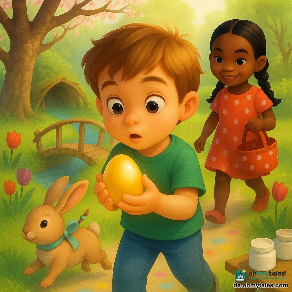 Ein etwa sechsjähriger Junge mit rundem Gesicht, hellkastanienem zerzaustem Haar und großen neugierigen Augen, staunend und konzentriert, hält mit beiden Händen ein glänzendes goldenes Ei und steht neben einer kleinen Weidenbrücke; ein Mädchen (Mira), ebenfalls etwa sechs, mit schwarzer Zopffrisur und schelmischem Lächeln trägt ein rotes gepunktetes Kleid und einen roten Korb mit weißen Punkten, geht knapp hinter ihm und blickt auf das Ei; ein pastellbrauner Kaninchen mit langen Schlappohren, einer pastellfarbenen Schleife am Hals und einem winzigen Pinsel am Rücken hoppelt voraus und führt zum Steg; Ort: heller Frühlingsgarten mit zartgrünem Rasen, roten und violetten Tulpen, einem alten Kirschbaum links, einer Weidenbrücke über einem glitzernden Bach, einer Zweigversteckstelle und einem Holz­tisch mit weißen Farbtöpfen; Szene: Kinder folgen dem Kaninchen, das goldene Ei leuchtet sanft, bunte Kreideflecken bilden eine Spur, weiches Morgenlicht, fröhliche intime Stimmung, kräftige Farben und klare Texturen, Komposition zentriert auf Ei und erstaunte Gesichter.