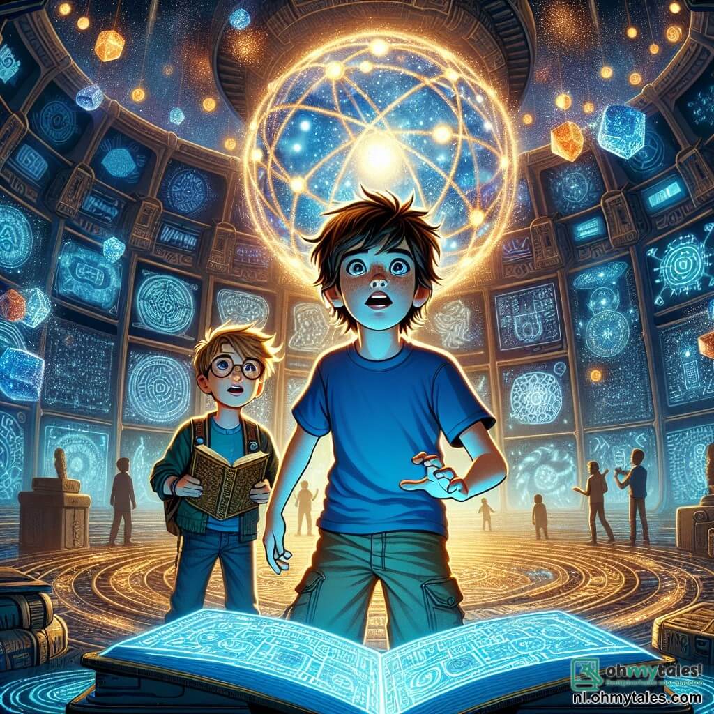 Twee jongens, Raf en Finn, tien jaar oud, staan in het midden van een enorme zaal vol oude technologie. Raf, met rommelig bruin haar en nieuwsgierige ogen, draagt een blauwe t-shirt en een korte broek. Hij staat iets naar voren, met zijn handen op een grote lichtgevende bol die pulserende energie uitstraalt. Finn, met blond haar en ronde bril, staat net achter hem en houdt een oud open boek vast, met verwonderde ogen. De zaal heeft glanzende metalen muren, bedekt met mysterieuze symbolen die zachtjes in het donker glinsteren. In het midden straalt een enorme lichtbol heldere kleuren uit, omringd door zwevende kristallen die in de lucht dansen. Hologrammen van sterrenstelsels en sterren werpen fascinerende schaduwen op de vloer. De jongens ontdekken de Magische Kern van Zora, een bron van kracht en wijsheid, terwijl ze de geheimen van oude technologie onthullen. De sfeer is doordrenkt van mysterie en opwinding, terwijl het licht van de bol hun verwonderde gezichten verlicht.