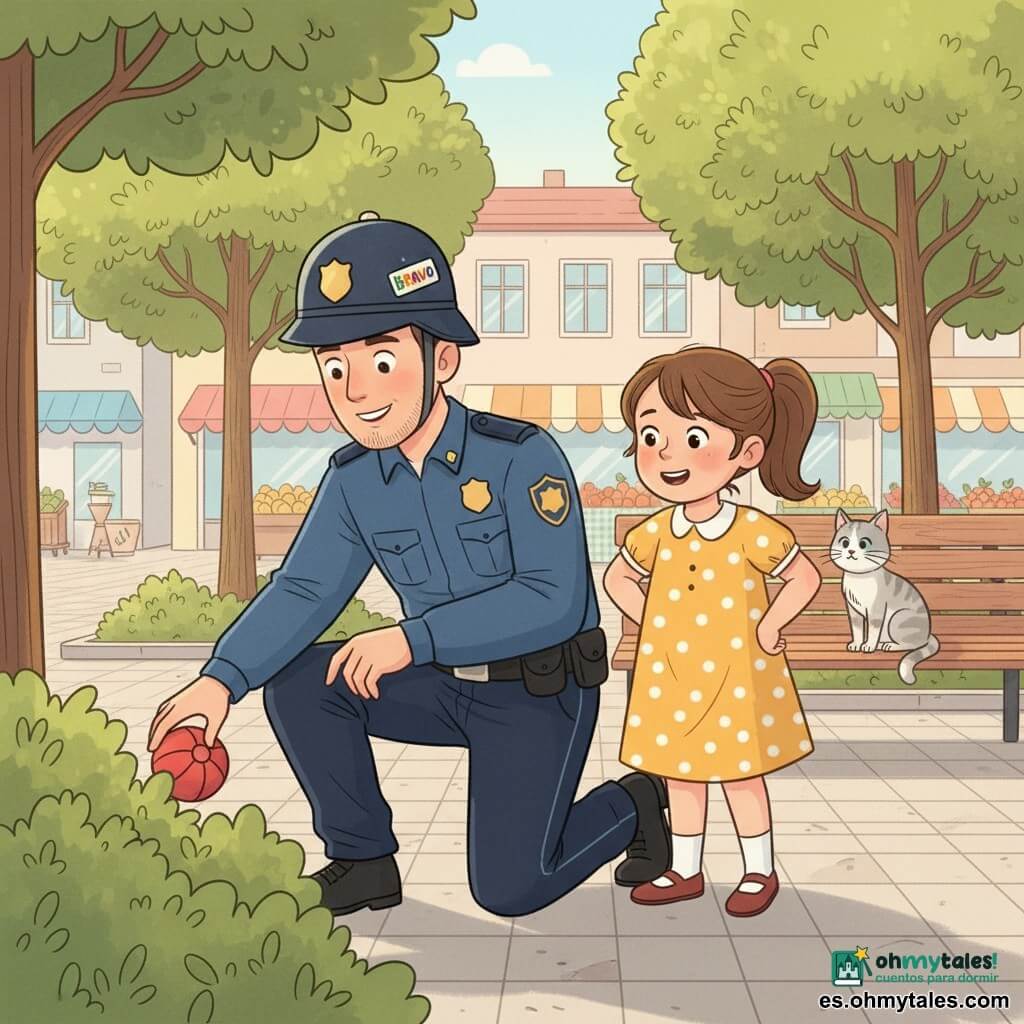 Un policía de unos treinta años, sonrisa amable, arrodillado buscando una pequeña pelota roja detrás de un arbusto mientras ayuda a Clara, una niña de 7 años con coleta castaña y vestido amarillo de lunares, aliviada y sonriente con las manos en las caderas; el gato Nube, blanco y gris, observa sentado en un banco en una plaza de barrio con adoquines claros, árboles verde tierno, tiendas coloridas y un puesto de fruta; luz suave de mañana, ambiente tranquilo y seguro, intercambio humano centrado, estilo cómic limpio con rasgos redondeados y colores cálidos.