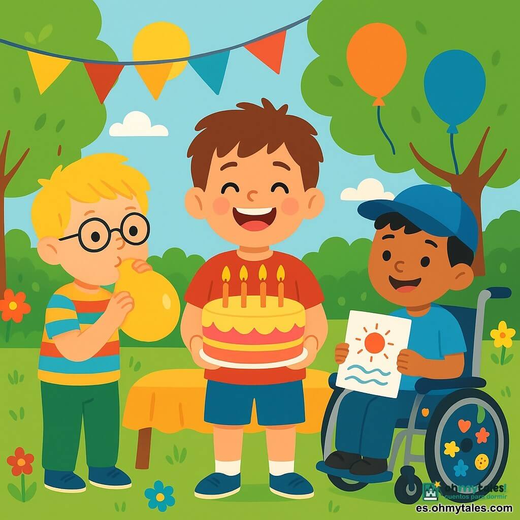 Hay 3 personajes: Pablo, un niño de 7 años con cabello castaño desordenado y una gran sonrisa, que lleva una camiseta roja y un pantalón corto azul, está en el centro sosteniendo un gran pastel de cumpleaños con velas encendidas. Lucas, un niño de 6 años con cabello rubio y gafas redondas, lleva una camisa de rayas multicolores y pantalones verdes; está a la izquierda de Pablo inflando un globo amarillo. Tomás, un niño de 7 años con cabello negro y una gorra azul, está en una silla de ruedas decorada con pegatinas coloridas, a la derecha de Pablo, sonriendo y sosteniendo un dibujo hecho a mano. El lugar es un jardín soleado lleno de flores brillantes y grandes árboles verdes, con una mesa decorada con guirnaldas coloridas y globos flotantes. La situación principal muestra a Pablo, Lucas y Tomás celebrando el cumpleaños de Pablo, riendo alegremente alrededor del pastel, con globos de colores flotando en el aire y sonrisas en sus rostros.