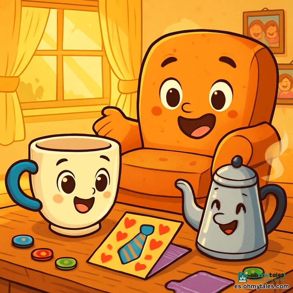 Una pequeña taza de porcelana, llamada Tazita, con un manguito azul y una sonrisa pintada en el borde, se encuentra sobre una mesa de madera rústica. Tiene ojos brillantes de alegría y parece emocionada, lista para celebrar el Día del Padre. A su lado, un gran sillón de tela desgastada, Don Sillón, con los brazos abiertos y un aire cálido, muestra una expresión de ternura y sorpresa. En la mesa, hay una tarjeta colorida con corazones y palabras dulces, mientras que una vieja tetera de metal, brillante y llena de vapor, se erige orgullosamente a su lado, lista para servir té. La habitación está bañada de luz dorada, con rayos de sol filtrándose a través de una ventana adornada con cortinas ligeras, iluminando paredes decoradas con fotos familiares. La escena muestra a Tazita y Don Sillón preparando una sorpresa para el Día del Padre, rodeados de pequeños detalles como botones de colores y trozos de tela, creando una atmósfera cálida y alegre.