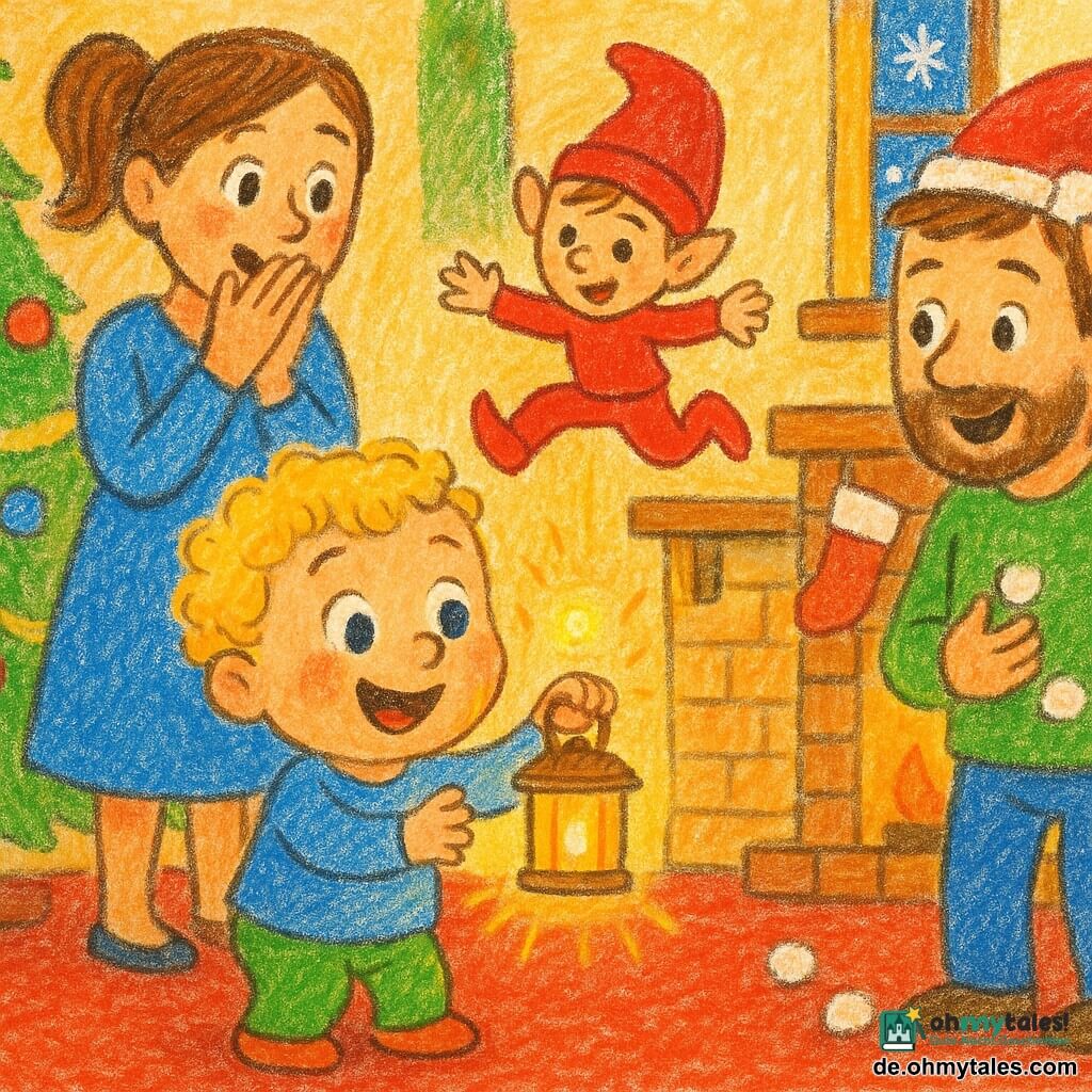 Ein zweijähriger Junge mit rundem Gesicht und blonden Locken hält staunend und lächelnd eine kleine, leuchtende Weihnachtslampe; ein kleiner, schelmischer Elf mit hellem Teint und spitzem roten Mütze springt von einem Regal auf den Teppich; links steht die etwa 30-jährige Mutter mit zusammengebundenem braunem Haar und Händen vor dem Mund, rechts der etwa 32-jährige Vater mit kurzem Bart, der heruntergefallene Wattebällchen von seinem Hut aufhebt; das warme Wohnzimmer zeigt einen roten Teppich, einen geschmückten Baum, an der Kaminlatte hängende Strümpfe, sanftes Licht und Schneeflocken an der Fensterdekoration — eine fröhliche, vertraute Weihnachtsszene in lebendigen Farben, einfachen Konturen und Bleistifttexturen.