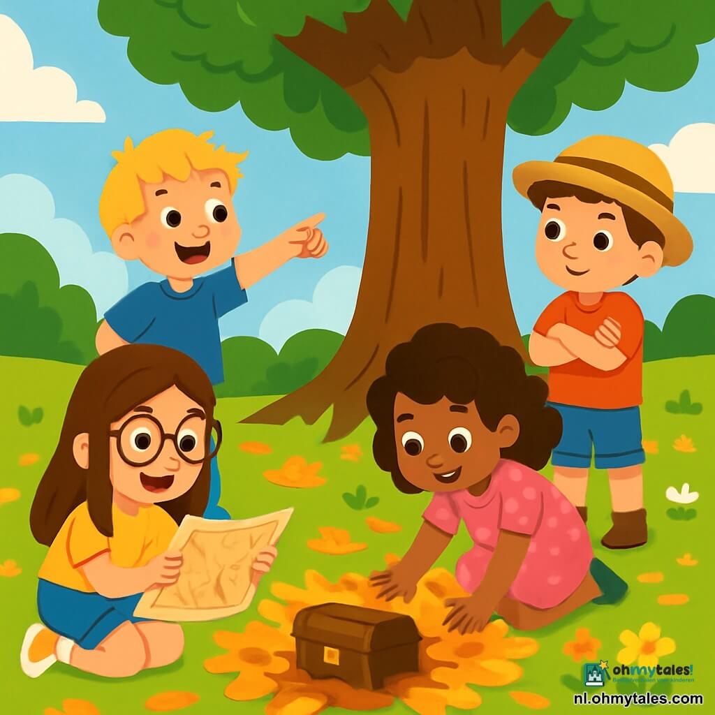 Er zijn 4 kinderen: Noor, een 8-jarig meisje met lang bruin haar en ronde bril, gekleed in een gele t-shirt en een spijkerbroek, die zich bukt om een oude kaart te bekijken met een grote glimlach. Bram, een 9-jarige jongen met rommelig blond haar en sproeten, draagt een blauwe t-shirt en groene broek en staat rechtop terwijl hij naar een grote majestueuze eik wijst. Lila, een 7-jarig meisje met krullend haar in een roze jurk met stippen, krabt met haar handen op de grond, omringd door bladeren. Sam, een 8-jarige jongen met bruin haar en een strohoed, staat naast Lila met zijn armen over elkaar en een nieuwsgierige blik. De locatie is een mooi zonnig park met een grote eik en een grond bedekt met gouden bladeren en kleurrijke bloemen. In de verte zijn groene heuvels en een blauwe lucht met witte wolken te zien. De kinderen zijn op een schattenjacht en ontdekken een klein houten doosje dat onder de bladeren is begraven, allemaal enthousiast met glinsterende ogen terwijl de zon hun avontuur verlicht.