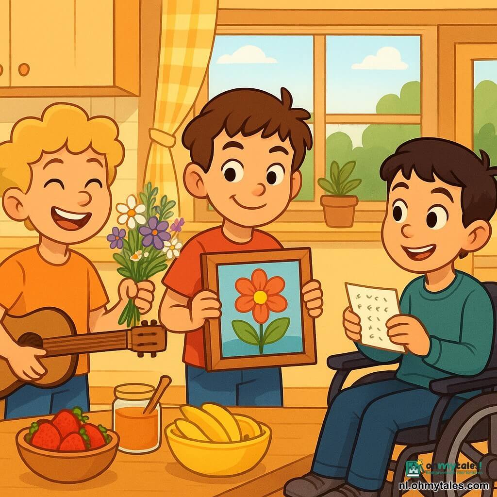 Drie jongens van ongeveer 9 jaar: Lenn, kort bruin haar, stoute blik, houdt een klein schilderijtje en staat in het midden voor de tafel; Milo, blond krullend haar, brede glimlach, links van Lenn met een kleine akoestische gitaar en een bos veldbloemen; Sam, donkerbruin haar, sprankelende blik, zit in een handbewogen rolstoel rechts van Lenn iets naar voren en houdt een notitieboekje met aanwijzingen. Locatie: heldere familiekeuken in de ochtend met warme kleuren, lichte houten tafel vol kleine voorwerpen (honingpot, kleurrijke fruitkommen), planten en ruitjesgordijnen, deur op een kier naar een groene tuin met bloemen. Situatie: ze vieren Moederdag en tonen trots een geschilderd tafereel en bloemen, één speelt gitaar, één toont kaart met aanwijzingen, sfeer vrolijk en teder, levendige kleuren, zachte lijnen en lichte schaduwen, compositie gefocust op tafel en het cadeau.