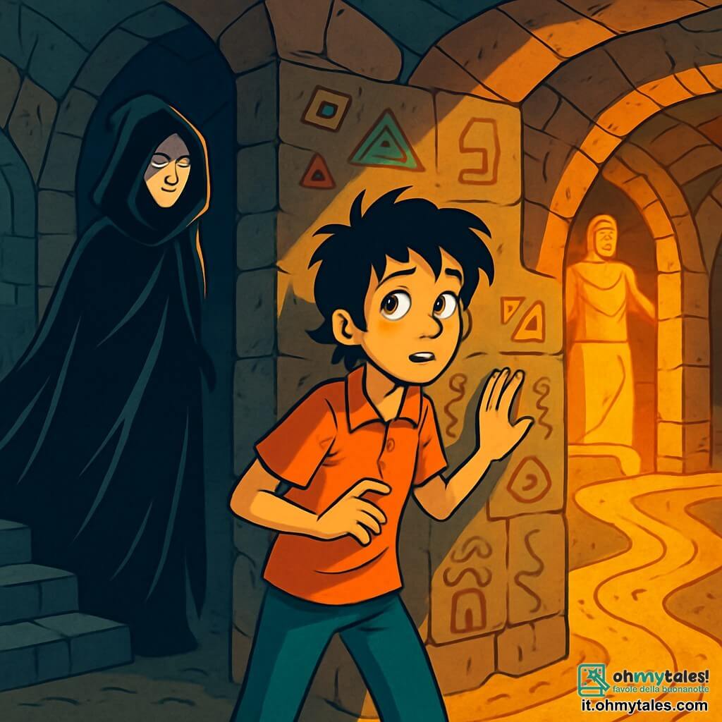 Un giovane di nome Ishkun, di circa 12 anni, con capelli neri disordinati e occhi brillanti di curiosità, si trova al centro di un labirinto di tunnel. Il suo viso esprime meraviglia e paura mentre osserva intorno a sé, con una mano appoggiata su un muro di pietra antica decorato con simboli misteriosi. Vicino a lui, una figura misteriosa, una donna di circa trent'anni, vestita di lunghi veli neri che fluttuano come ombre, lo osserva da lontano con uno sguardo enigmatico. Il luogo è un labirinto sotterraneo, con muri di pietra ruvida illuminati da una luce dorata proveniente da statue antiche. Iscrizioni antiche e affreschi colorati decorano le pareti, mentre un pavimento di sabbia dorata si estende sotto i loro piedi, creando un'atmosfera magica e inquietante. La scena principale mostra Ishkun esitante tra tre sentieri misteriosi: una scala oscura di ossidiana che scende nell'oscurità, un corridoio scintillante che brilla di mille luci e un sentiero di sabbia vorticosa che sembra chiamarlo.