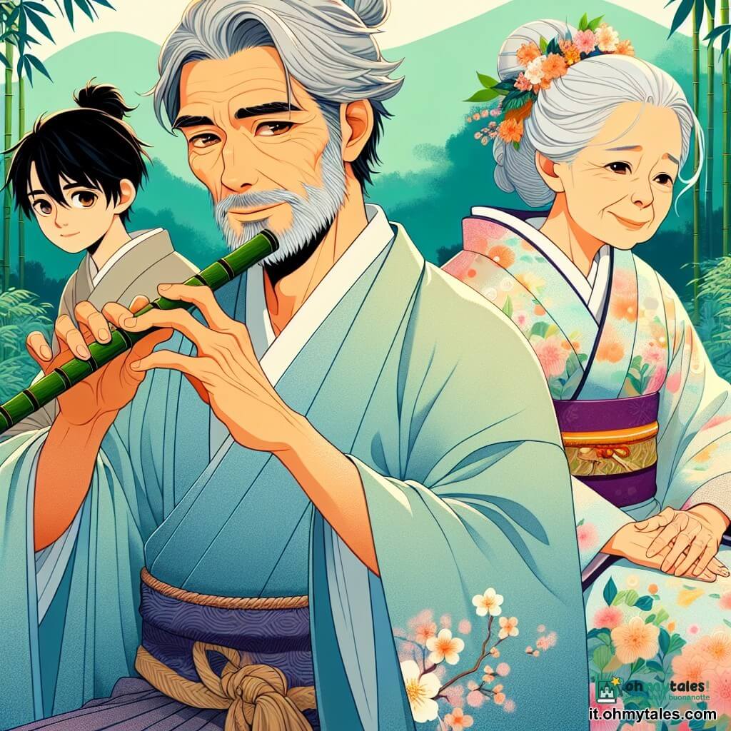Taro, un uomo di circa cinquant'anni con capelli grigi e barba curata, si trova al centro della scena, con un leggero sorriso e occhi pieni di speranza. Indossa un kimono blu chiaro decorato con motivi di ciliegi in fiore e tiene in mano un flauto di bambù. Alla sua destra, Hana, una donna di circa 70 anni con capelli bianchi raccolti in un chignon, è seduta su una roccia, ascoltando attentamente Taro. Indossa un kimono floreale dai colori tenui, il suo volto esprime saggezza e serenità. A sinistra, Kenta, un uomo di circa trenta anni con capelli neri e occhi vivaci, è in piedi con le braccia incrociate, mostrando un'espressione di curiosità mista a esitazione. Indossa un kimono scuro, in contrasto con l'atmosfera luminosa della scena. La scena si svolge in una radura verdeggiante, circondata da alberi maestosi sotto un cielo blu punteggiato di nuvole bianche. Lanterne di carta sono appese ai rami, illuminando dolcemente lo spazio. Taro si prepara a raccontare una storia, invitando gli altri narratori a radunarsi intorno a lui per condividere i loro racconti, in un'atmosfera calda e conviviale, piena di promesse di riconciliazione e amicizia.