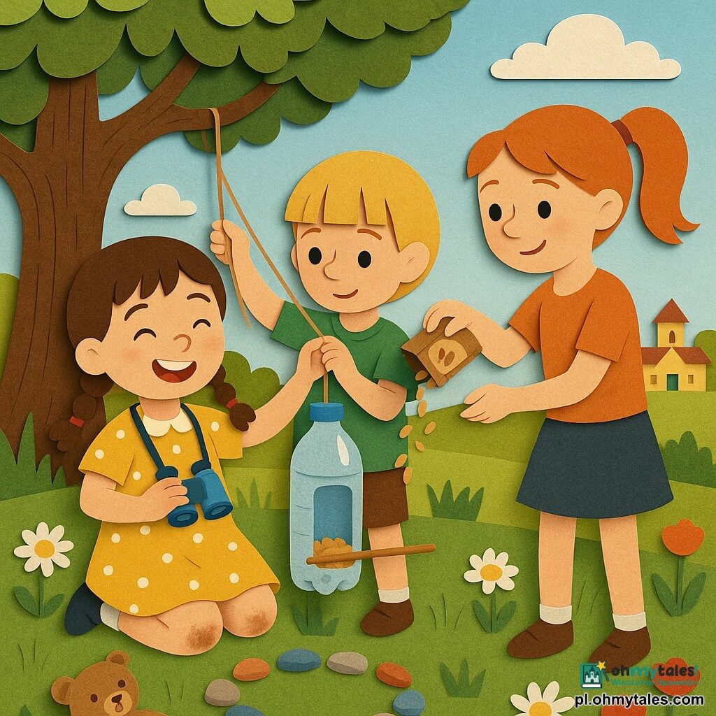Zosia, 6 lat, radosna i skupiona, z brązowymi włosami w dwóch warkoczach, w żółtej sukience w białe kropki, ma na szyi małą niebieską lornetkę i trzyma plastikową butelkę przerabianą na karmnik; ma lekko zabrudzone kolana i szeroki uśmiech. Obok stoi kolega z klasy, ok. 6 lat, blond włosy na pazia, w zielonej koszulce; trzyma sznurek i pomaga przymocować karmnik do gałęzi. Starsza dziewczynka ok. 7 lat, rude włosy w kucyku, trzyma pudełko z ziarnem i wsypuje je do karmnika ustawionego na patyku. Obok, na trawie, leży mały miś pluszowy jak czuły obserwator. Miejsce: duża zielona łąka pod starym dębem, kolorowe kwiaty (stokrotki, maki), pasy trawy, jasnoniebieskie niebo z papierowymi chmurami, w tle szkoła w prostych geometrycznych kształtach. Scena: dzieci razem robią karmnik z butelki, układają kolorowe kamienie w krąg, współpraca i uważne gesty, świetlista atmosfera późnego popołudnia, przejrzysta kompozycja, żywe kontrastowe kolory, papierowe tekstury, wyraźne kontury i miękkie cienie w stylu „paper cut”.