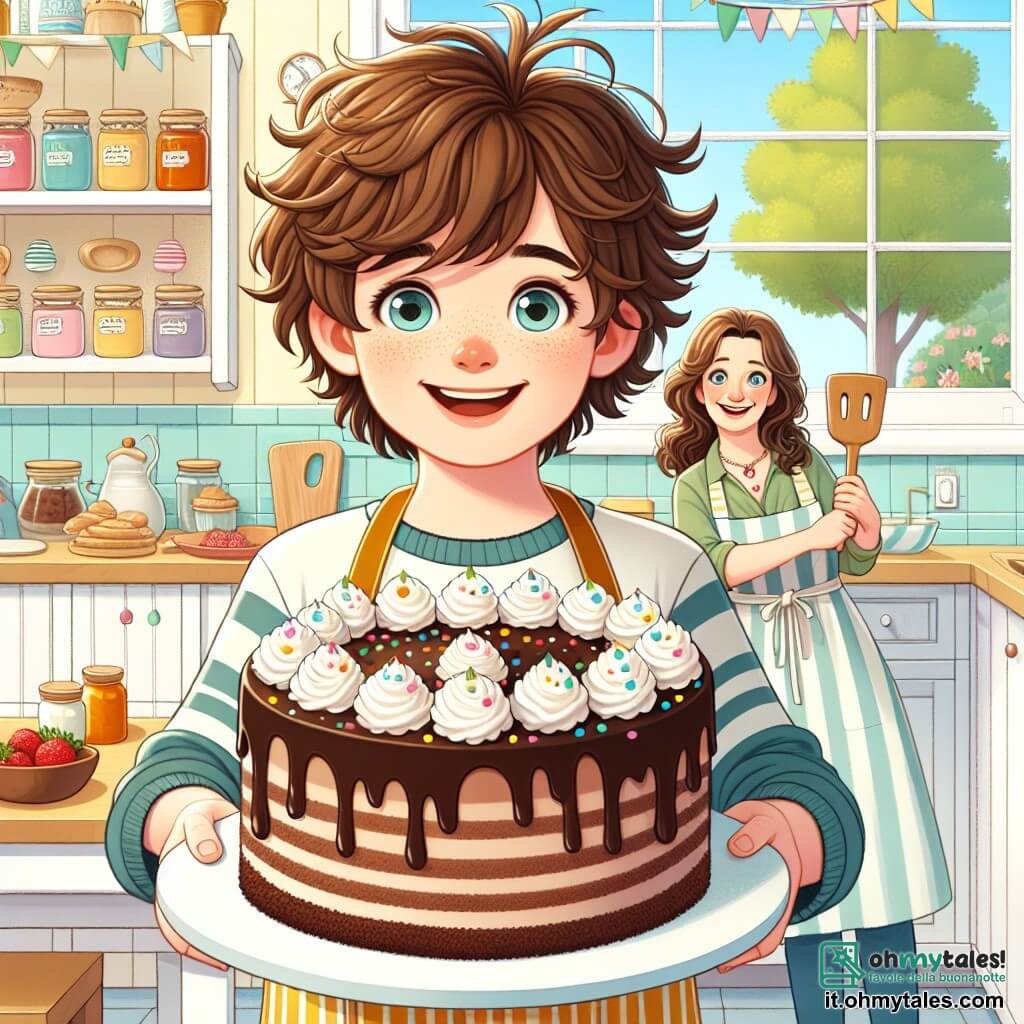 Un ragazzo di 7 anni, di nome Luca, con i capelli castani in disordine e occhi scintillanti di gioia, si trova al centro della scena, sorridendo ampiamente mentre tiene una grande torta al cioccolato decorata con panna montata e coriandoli colorati. Accanto a lui, sua mamma, una donna sulla trentina con capelli lunghi e ondulati, indossa un grembiule e guarda Luca con orgoglio, tenendo una spatola di legno. In secondo piano, il papà di Luca, un uomo sulla quarantina con una leggera barba e un sorriso caloroso, è seduto al tavolo, con gli occhi spalancati per la sorpresa, in attesa della sorpresa del figlio. La scena si svolge in una cucina luminosa e accogliente, con pareti dipinte di giallo pastello, finestre che lasciano entrare la luce del sole e scaffali pieni di barattoli di marmellata e utensili da cucina colorati. Luca, con un'espressione di eccitazione e orgoglio, presenta la sua creazione al papà, che sta per scoprire la deliziosa sorpresa preparata con amore per la festa del papà.