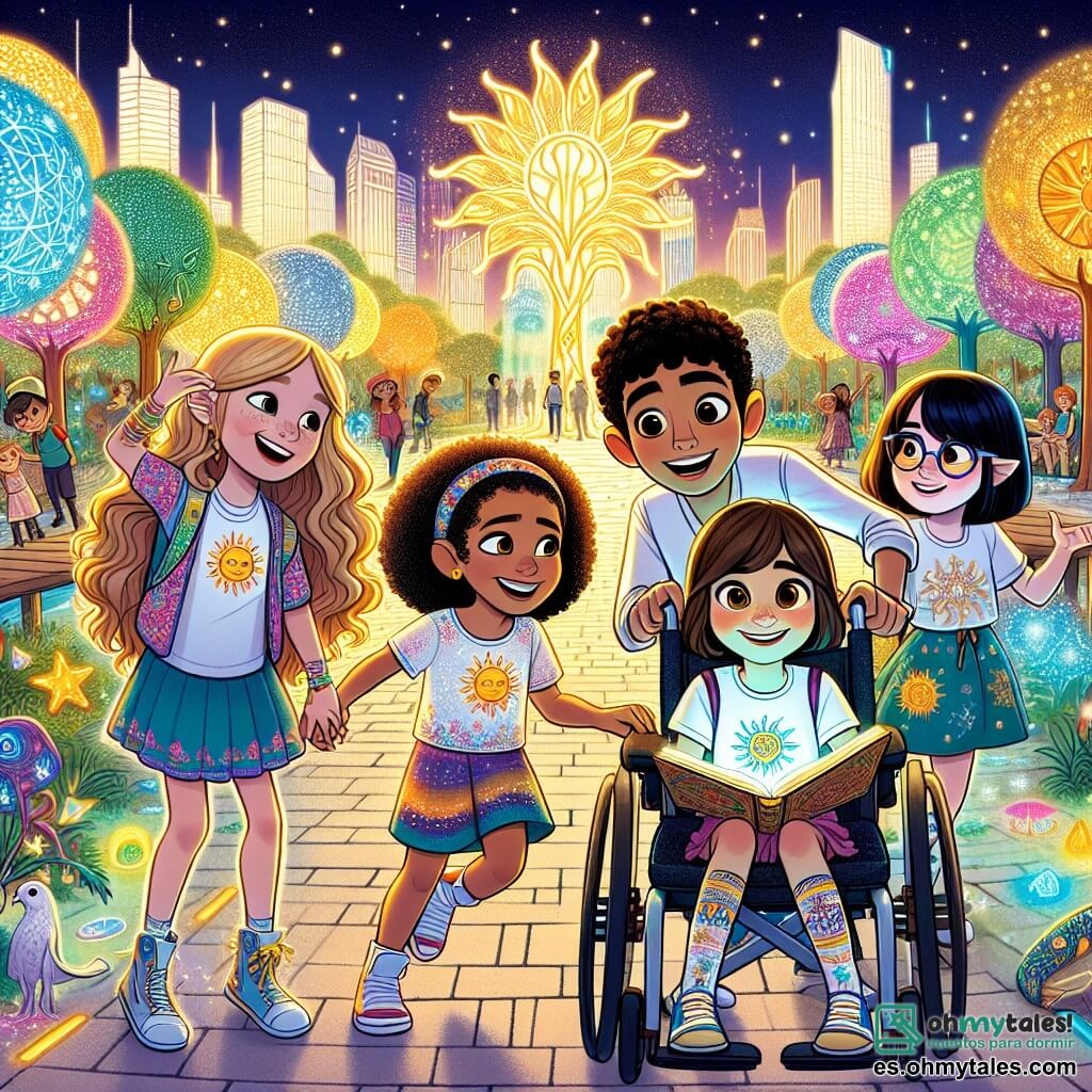 En el centro de la ciudad de las Chispas, cuatro amigas se agrupan, listas para la aventura. **Luna**, de 10 años, está en una silla de ruedas futurista con luces brillantes. **Estrella**, de 9 años, ríe con curiosidad, mientras **Sol**, de 11 años, sostiene un antiguo libro de magia. **Mar**, de 10 años, sonríe con una carta mágica en la mano. Están en un parque tecnológico encantador, con árboles de hojas de vidrio y caminos brillantes. En el centro, se reúnen alrededor de Zapi, un pequeño duende que las guía hacia la Torre de los Relámpagos, donde se oculta el Cristal del Amanecer, rodeadas de una atmósfera mágica y relámpagos danzantes.