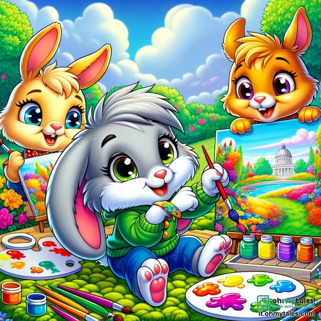 Un giovane coniglietto di nome Leo, con un morbido pelo grigio e grandi orecchie bianche, è seduto su un cuscino di muschio, con gli occhi brillanti di eccitazione, mentre dipinge un paesaggio colorato su una tela. Accanto a lui, Mia, una coniglietta dal pelo dorato, sorride felicemente tenendo una tavolozza di colori vivaci, mentre Max, un coniglietto robusto dalle orecchie corte, ammira il dipinto di Leo con uno sguardo ammirato. Sullo sfondo, il parco è pieno di fiori brillanti, alberi verdi e un cielo blu chiaro punteggiato di nuvole bianche e soffici. La scena rappresenta un momento gioioso e creativo in cui gli amici si divertono a esprimere la loro immaginazione attraverso la pittura.
