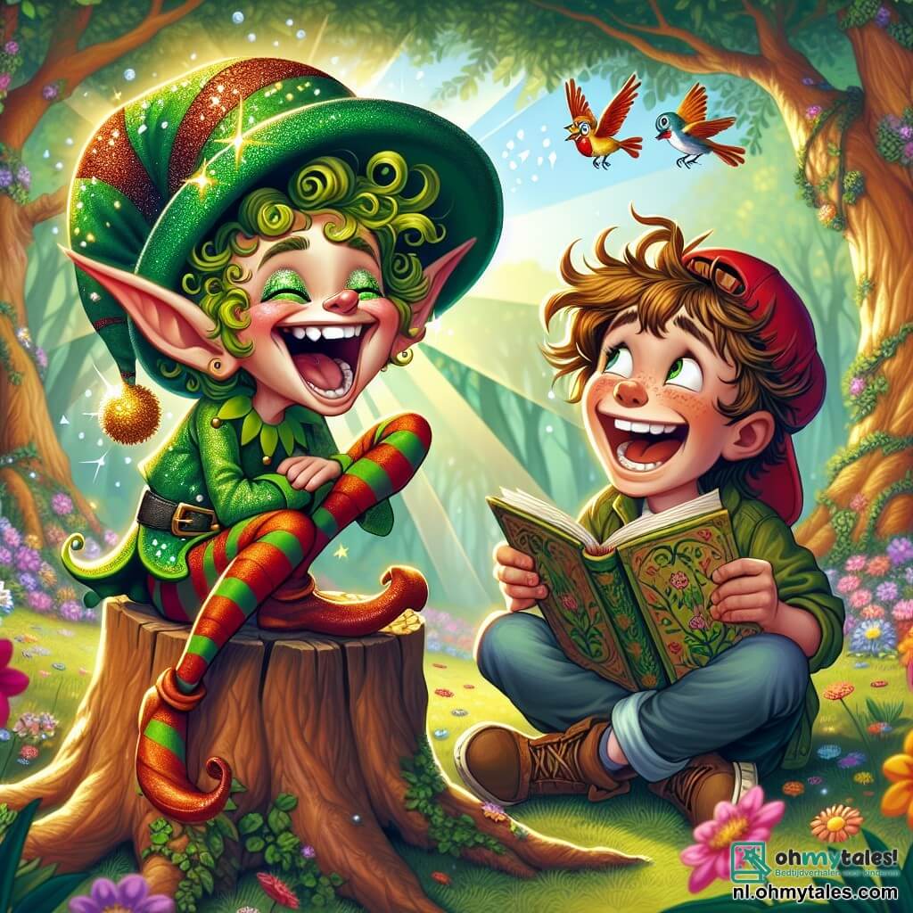 Een blije elf genaamd Loeloe, met een stralende groene huid en gouden krullend haar, draagt een grote sprankelende groene hoed. Hij lacht uitbundig, zijn ogen twinkelen van ondeugd, terwijl hij op een tak staat, omringd door kleurrijke bloemen. Naast hem zit Max, een tienjarig jongetje met rommelig bruin haar en een rode pet, die breed glimlacht terwijl hij een grappenboek vasthoudt. Hij zit met gekruiste benen op een boomstronk en kijkt bewonderend naar Loeloe. De omgeving is een prachtig betoverd bos, vol bomen met veelkleurige stammen, dansende bloemen en zonnestralen die door de bladeren filteren, wat een magische sfeer creëert. De hoofdscène toont Loeloe en Max die hilarische grappen delen, wat de aandacht trekt van een kleurrijke vogel die op een naburige tak zit en uit volle borst lacht.