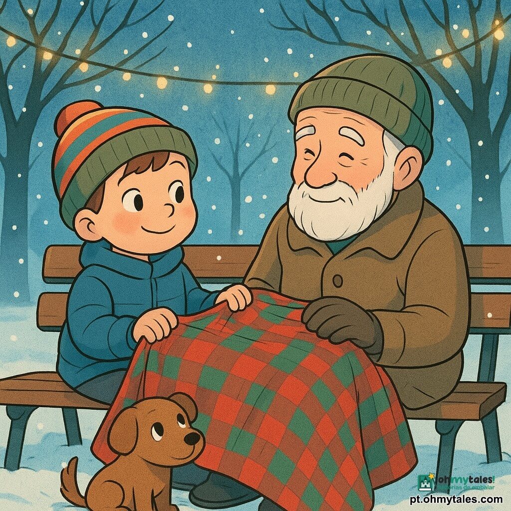 Um menino de 6 anos, chamado Tomás, com bochechas rosadas e um gorro colorido, está sentado em um banco de parque coberto de neve, segurando um cobertor xadrez vermelho e verde com um sorriso caloroso. Um homem idoso, o senhor Artur, com barba branca e olhos gentis, está sentado ao lado de Tomás, envolto no cobertor, suas mãos enluvadas descansando sobre os joelhos. Um pequeno cão marrom, chamado Pingo, está sentado aos seus pés, olhando curiosamente. O parque está coberto de neve brilhante, com luzes de Natal penduradas nas árvores, criando uma atmosfera mágica e acolhedora. A cena mostra Tomás oferecendo o cobertor ao senhor Artur, ilustrando um momento de partilha e generosidade sob as luzes de Natal.