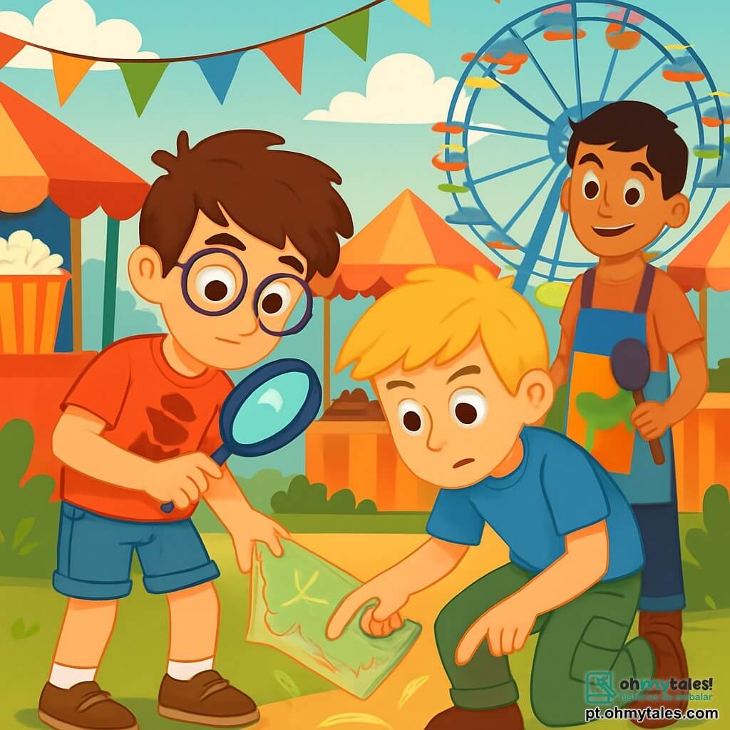 Há 3 personagens: Lucas, um garoto de 12 anos com cabelos castanhos bagunçados e óculos redondos, vestido com uma camiseta vermelha com um padrão de detetive e um short de jeans, segurando uma lupa na mão direita e observando atentamente ao redor; Pedro, também de 12 anos, com cabelos loiros e olhos brilhantes, usando uma camiseta azul e calças cargo, inclinado para frente examinando um mapa da festa com uma expressão concentrada; e Joaquim, um garoto de 12 anos com cabelos negros e um sorriso caloroso, vestindo um avental de cozinha colorido e segurando uma espátula, ao lado da roda da festa, observando Lucas e Pedro com curiosidade. O cenário é um parque animado, decorado com bandeirinhas coloridas ao vento, com barracas de comida e aromas de pipoca e bolos. Ao fundo, uma roda-gigante gira lentamente, iluminada por luzes cintilantes, enquanto risadas de crianças e música alegre criam uma atmosfera festiva. A situação principal mostra Lucas e Pedro em uma investigação, descobrindo uma medalha brilhante no chão, enquanto Joaquim os observa surpreso.