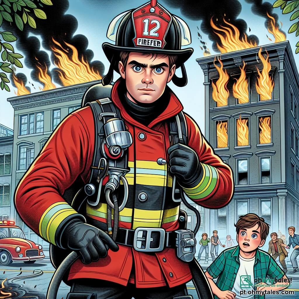 Um bombeiro chamado João se posiciona corajosamente diante de um prédio em chamas, com o rosto determinado e concentrado, olhos brilhando de adrenalina. Ele usa um uniforme vermelho vivo, um capacete brilhante e luvas pretas, enquanto segura uma mangueira, pronto para apagar o fogo. Ao seu lado, um garoto de 10 anos, Lucas, com cabelos castanhos bagunçados e olhos arregalados, observa admirado, segurando um pequeno cartaz de agradecimento. Ao fundo, chamas dançam e fumaça preta sai das janelas do prédio, criando uma atmosfera dramática. O local é uma rua movimentada da cidade, com transeuntes preocupados observando a cena, enquanto árvores verdes cercam o prédio em chamas. A situação principal mostra João salvando vidas, pronto para entrar no prédio e resgatar pessoas presas dentro, ilustrando bravura e solidariedade.