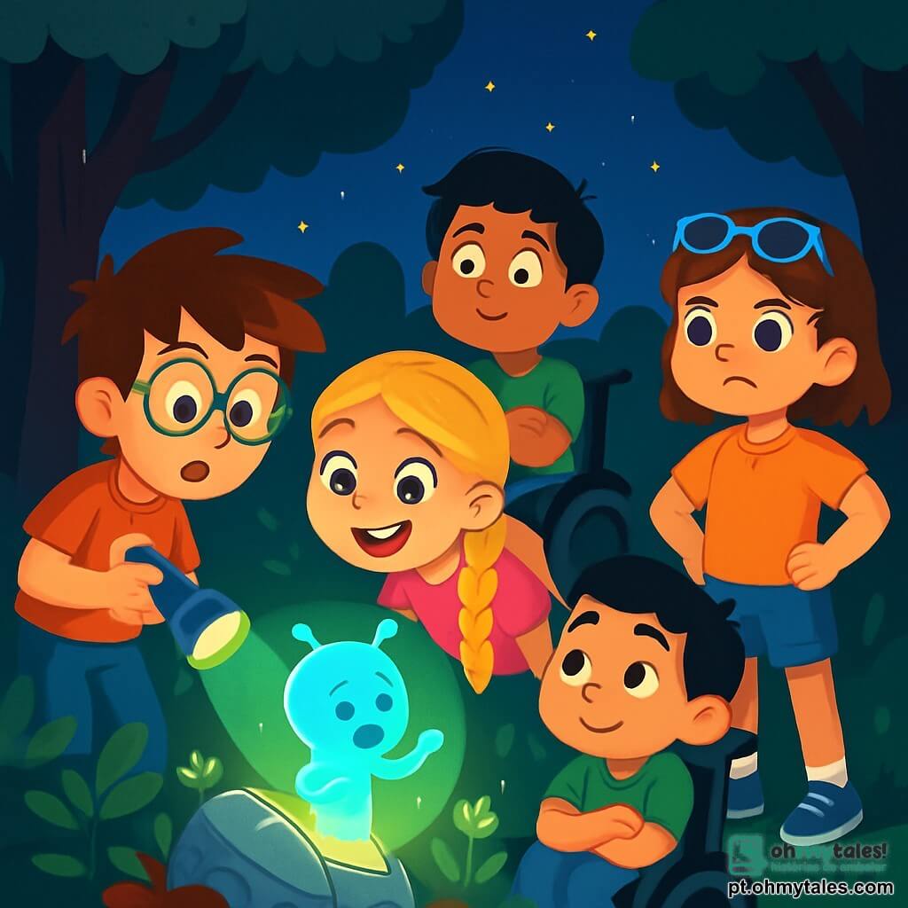 Há 4 crianças: - Davi: um menino de 8 anos, com cabelos castanhos bagunçados e óculos redondos. Ele é curioso e segura uma lanterna, iluminando o objeto misterioso. - Sofia: uma menina de 8 anos, com longos cabelos loiros trançados e um sorriso radiante. Ela está inclinada para frente, fascinada pelo objeto, com estrelas nos olhos. - Lucas: um menino de 8 anos, com cabelos negros e uma cadeira de rodas elétrica. Ele observa maravilhado o holograma que aparece, com os braços cruzados sobre o peito. - Mariana: uma menina de 8 anos, com cabelos castanhos e óculos de sol na cabeça. Ela está em pé, com as mãos nos quadris, pronta para explorar, com um olhar determinado. As crianças estão à beira de uma floresta escura, onde as árvores são altas e frondosas, e o céu está salpicado de estrelas brilhantes. Uma luz verde emana de um objeto metálico em forma de ovo, parcialmente enterrado no chão, cercado por folhas e pequenas flores luminescentes. A cena principal mostra as crianças descobrindo um misterioso ovo extraterrestre que emite sons estranhos e projeta um holograma de uma criatura azul, pedindo ajuda. As crianças estão todas cativadas por esse encontro incrível, com os rostos iluminados pela luz do ovo.