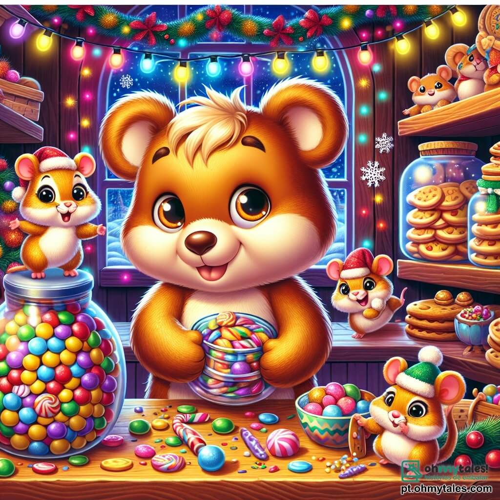 Um pequeno urso de pelúcia caramelo, chamado Nicolau, com grandes olhos brilhantes e um sorriso travesso, está no meio de uma cozinha festiva, cercado por guirlandas cintilantes. Ele esconde doces coloridos atrás de potes de vidro e pratos decorados, seu rosto radiante de excitação e determinação. Ao seu lado, Rolo, um hamster de pelos dourados e patas pequenas ágeis, observa com curiosidade, pronto para brincar. Mais adiante, um grupo de ratinhos com chapéus de Natal dança alegremente, seus rostos iluminados pela alegria do espírito festivo. A cozinha é acolhedora, com paredes de madeira, uma grande mesa carregada de biscoitos decorados e uma janela adornada com flocos de neve cintilantes. Luzes coloridas brilham ao redor, criando uma atmosfera mágica. Nicolau, decidido a preparar uma surpresa de Natal para sua avó, organiza uma caça ao tesouro cheia de doces e surpresas, enquanto a música alegre dos ratinhos ressoa no ar, aumentando a excitação deste momento especial.