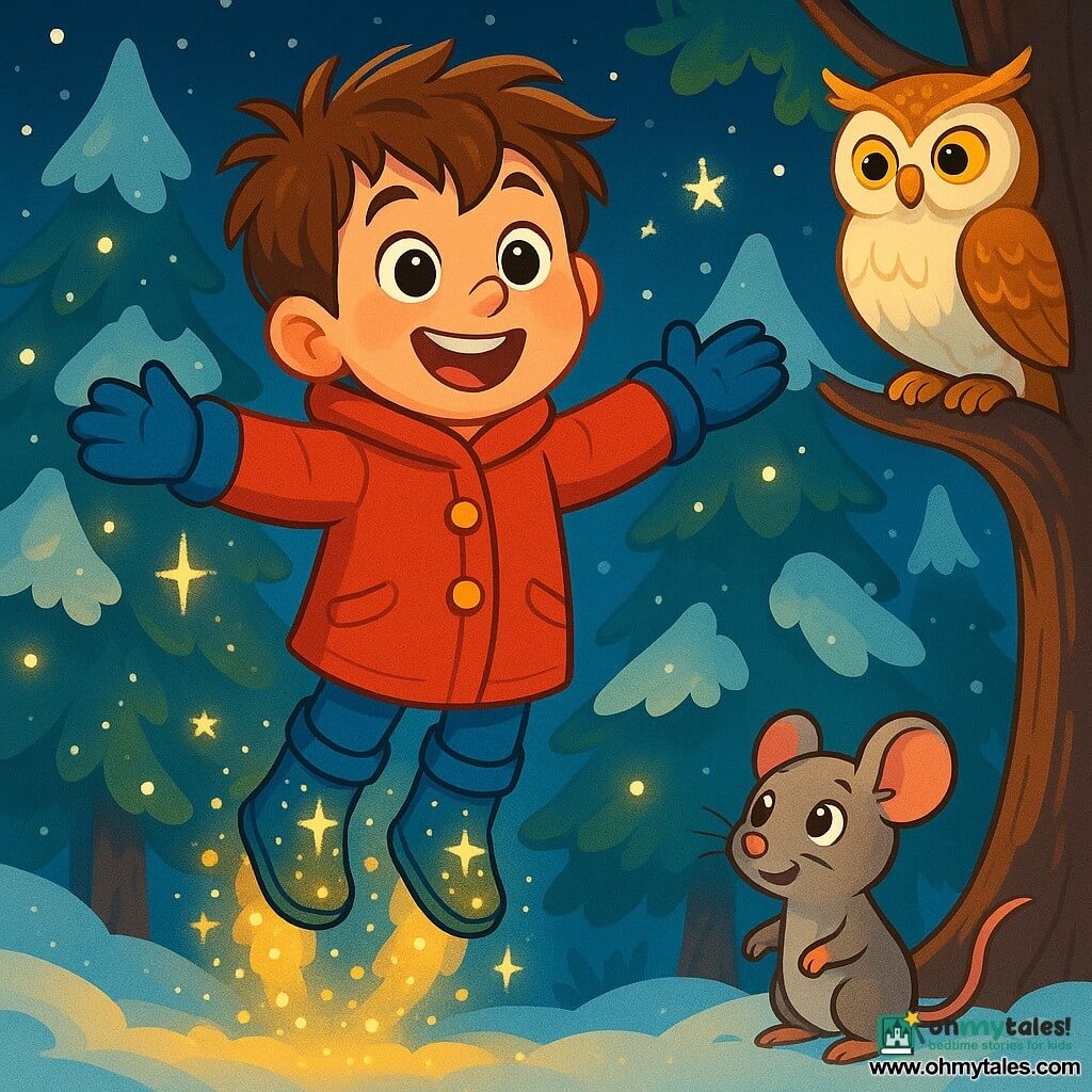 An 8-year-old boy named Oliver, with messy brown hair and sparkling joyful eyes, wears a bright red coat and wool gloves. He smiles in wonder, arms open, ready to soar into the air with his sparkling boots. Next to him, a small gray mouse, with bright eyes and round ears, curiously watches Oliver while standing on its hind legs. Further away, a wise owl, with white and golden feathers, perches on a branch, observing the scene with a benevolent expression. The scene takes place in an enchanted forest, where trees are covered in sparkling snow and snowflakes gently fall from the starry sky. Twinkling lights illuminate the landscape, creating a magical and festive atmosphere. Oliver is about to take flight, surrounded by his animal friends, ready to celebrate a wonderful Christmas in the enchanted forest.