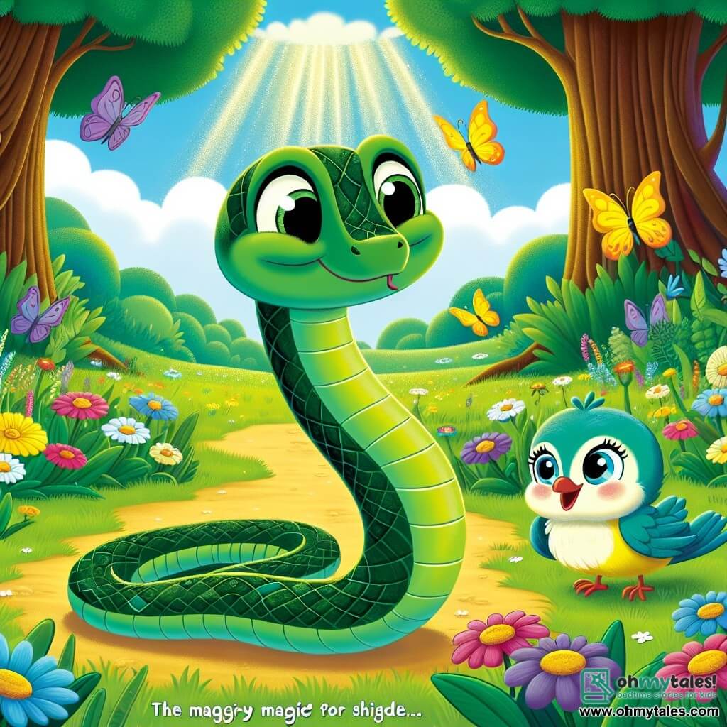 A small snake named Sammy, with shiny emerald green scales, proudly stands at the center of the scene, his eyes sparkling with curiosity and a determined smile on his face. He is weaving through colorful flowers, his fluid and graceful movements capturing the spirit of adventure. Nearby, a pretty little bird named Bella, with bright yellow and blue feathers, is perched on a branch, her wings slightly spread, watching Sammy with admiration and encouragement. The setting is a beautiful glade bathed in golden light, surrounded by majestic trees with thick trunks and lush leaves, while colorful butterflies dance in the fresh, fragrant air of the flowers. The main focus shows Sammy, the snake, ready to venture down a sparkling path leading to the mysterious Magical Prairie, a magical glow emanating from the path, symbolizing the hope and excitement of his journey.
