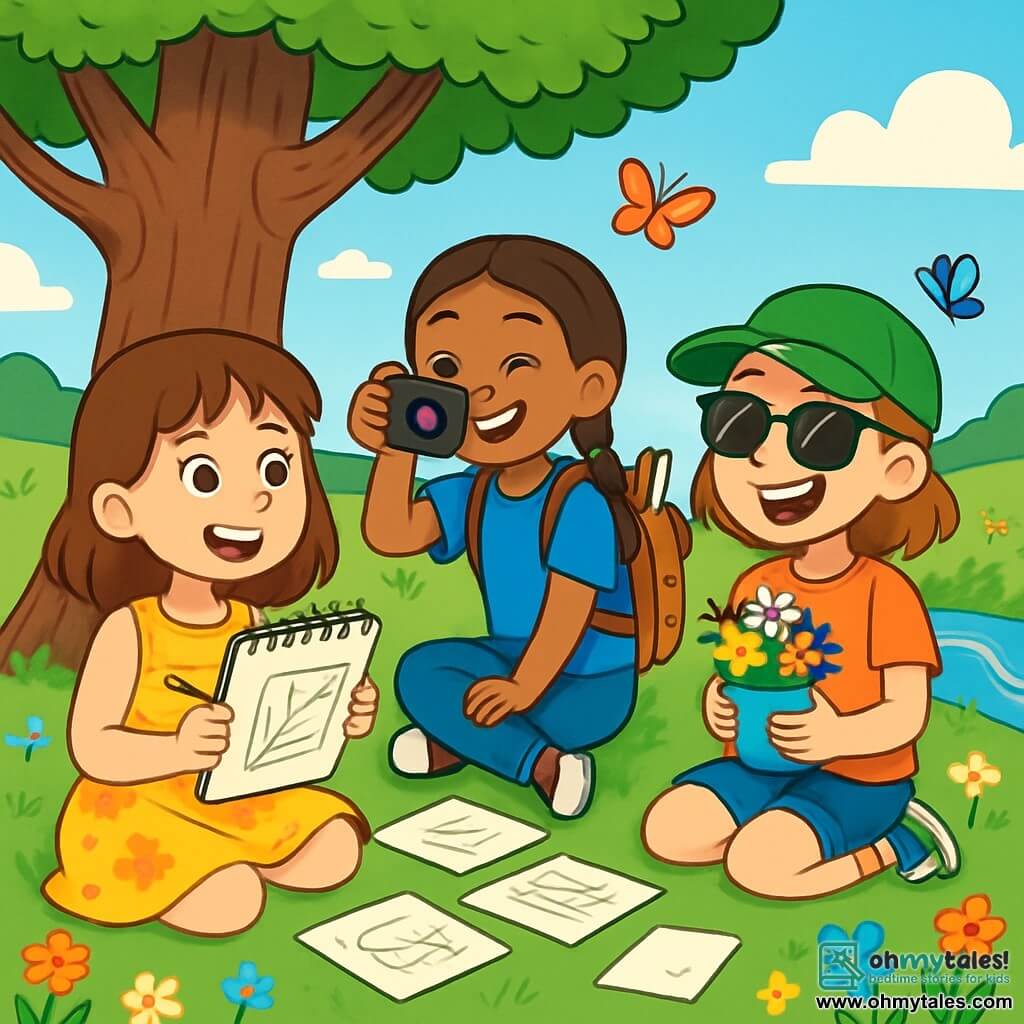 There are three characters: - Sophie: a 10-year-old girl with chestnut hair and sparkling eyes. She wears a pretty yellow floral dress and holds a sketchbook in her hands. - Maya: a 10-year-old girl with long braids and a blue t-shirt. She carries a backpack filled with art supplies and smiles while taking photos with her camera. - Ellie: a 9-year-old girl wearing a green cap and sunglasses. She has a big smile and holds a small jar filled with wildflowers she picked. The three girls stand near a large oak tree in the middle of a green field, surrounded by colorful flowers and fluttering butterflies. The bright blue sky is dotted with fluffy white clouds. The main scene shows the girls planning their summer picnic, sitting on the grass with sheets of paper scattered around them. They laugh and share ideas, while a small sparkling stream nearby adds a touch of magic to their summer adventure.
