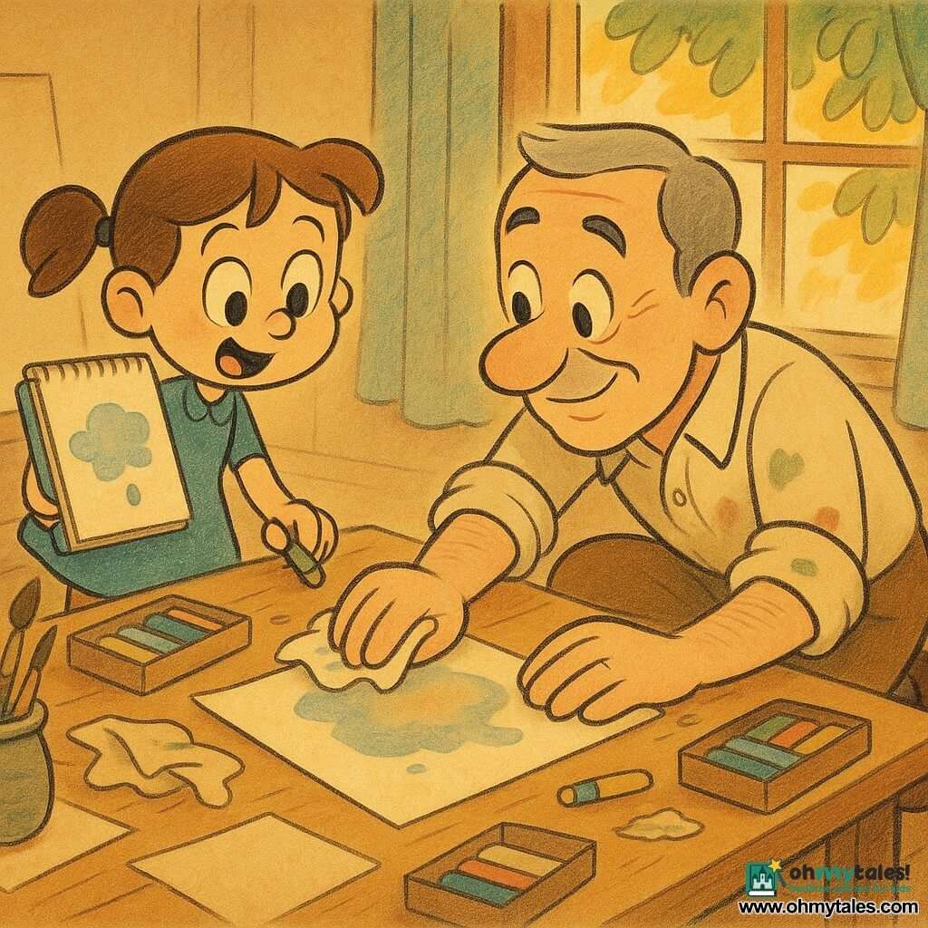 A gentle-faced man named Mr. Luca with short gray hair and paint-stained shirt sleeves crouches by a wooden table in a small sunlit studio by a park, gently dabbing a wet sheet with a towel as a 7-year-old girl, Mina, with brown pigtails in a blue dress holds a dripping sketchbook and watches in surprise and wonder; the main focus is a water droplet that splashed Mina’s drawing, forming a blurred cloud that Mr. Luca taps while Mina blends it with a light pastel, the room showing a wide wooden-framed window, shelves of brushes and pastel boxes, scattered papers, golden light and visible tree leaves outside, rendered in a warm pastel palette with paper grain and pastel texture in a retro "rubber hose" cartoon style with soft rounded lines.
