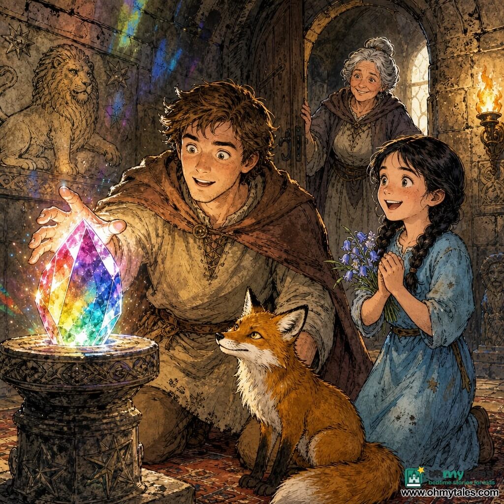 A young man with a round face and curious eyes smiles in wonder, reaching for a glowing multicolored crystal; a ~10-year-old girl with braided black hair in a pale blue dress applauds at his right holding a small bouquet, a golden fox sits at his feet watching the gem, and an elderly woman with gray hair in a bun watches proudly from the doorway in a stone vaulted chamber decorated with lion and star reliefs, a carved pedestal, torches casting warm shadows and rainbow light on wet stone—the moment of discovery: bright crystal light, illuminated faces, relief and regained magic.