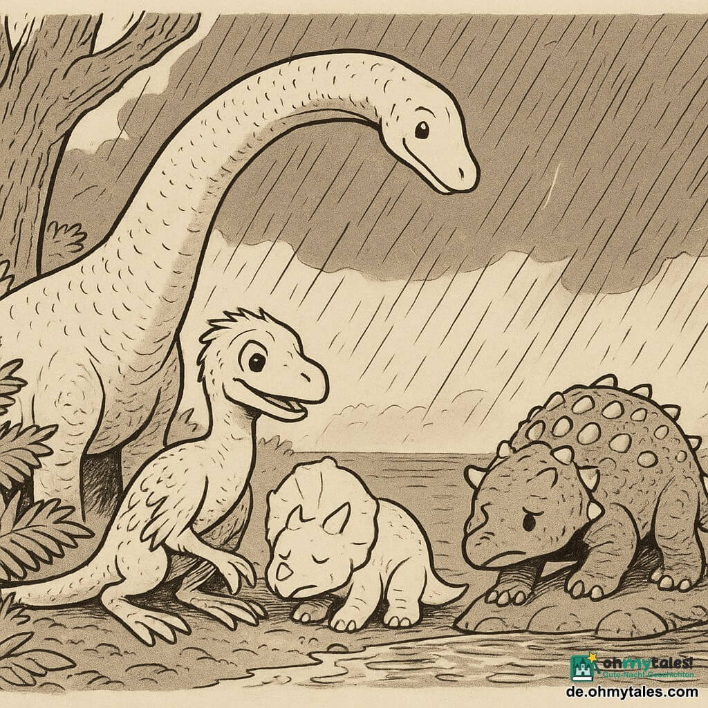 Ein kleiner, neugieriger Velociraptor namens Tiko sitzt am Seeufer und schützt schüchtern mit der Pfote ein verängstigtes Triceratops-Baby; links dominiert der ruhige, schützende Brachiosaurus Balno mit gebogenem Hals und umschließendem Schwanz, rechts steht ein kurzbeiniger, besorgter aber selbstbewusster junger Ankylosaurus; Ort: schattiges Ufer mit Farnen, knorrigen Stämmen und regennasser Oberfläche, im Hintergrund ein großes Gewitter mit schrägem Regen, Wind und dunklen Wolken, doch ein sanftes Licht fällt auf die geschützte Gruppe; visueller Stil: klares Ink-Lineart, starke Kontraste, schraffierte Texturen für Rinde und Schuppen, deutliche, kindgerechte Silhouetten und Gesichtsausdrücke.