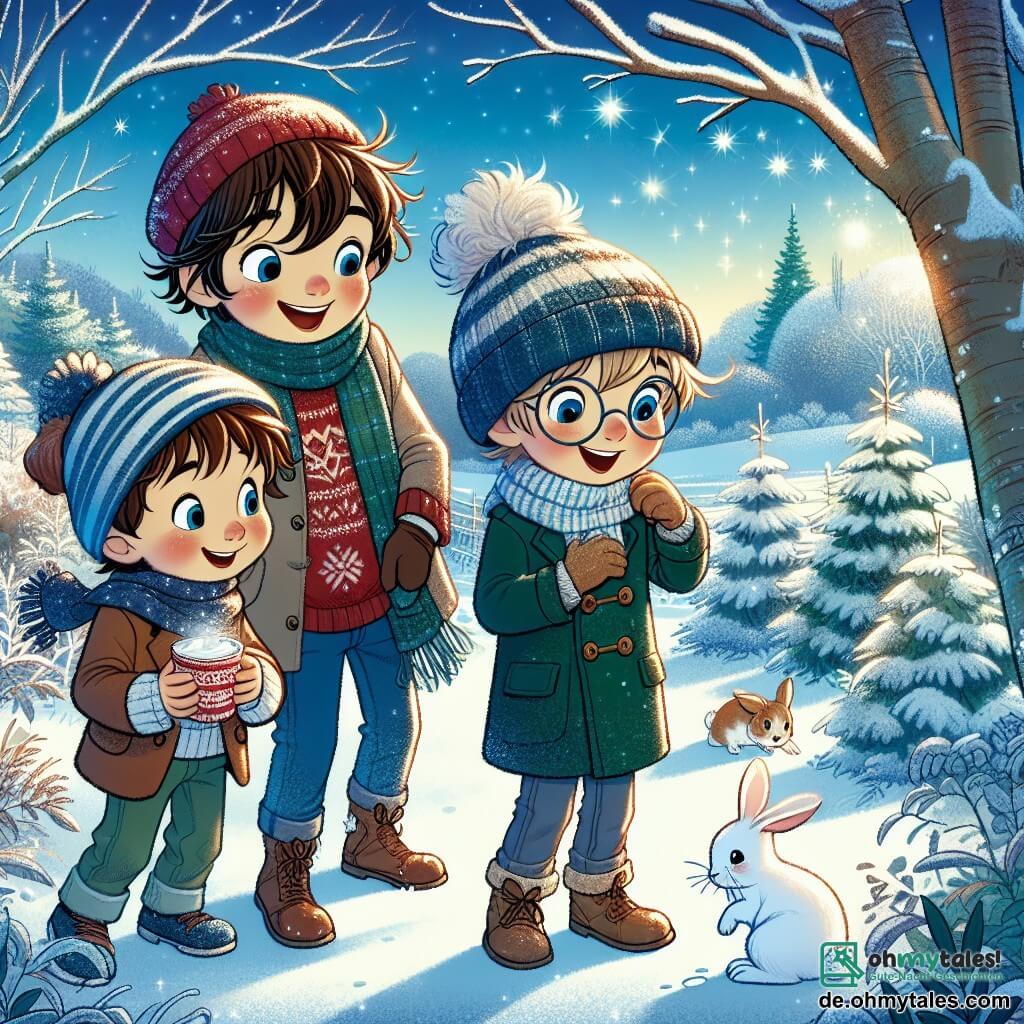 In einer zauberhaften Winterlandschaft stehen drei Jungen zusammen. Max, ein 10-jähriger Junge mit zerzausten braunen Haaren und einem breiten Lächeln, trägt einen roten Pullover und eine blaue Mütze. Er steht in der Mitte des Bildes und hält eine Tasse heiße Schokolade. Links von ihm ist Tim, ein 9-jähriger Junge mit blonden Haaren und funkelnden Augen, der eine grüne Jacke und einen gestreiften Schal trägt. Er zeigt auf eine kleine Gruppe verschneiter Bäume. Rechts steht Leo, ein 8-jähriger Junge mit braunen Haaren und einer Brille, der einen marineblauen Mantel trägt und fasziniert einen kleinen weißen Hasen beobachtet, der aus seinem Bau kommt. Der Ort ist ein wunderschöner Wald, bedeckt mit einer dicken Schicht glitzernden Schnees, wo die Bäume mit Schneeflocken und gefrorenen Ästen geschmückt sind. Der Himmel ist strahlend blau, mit flauschigen weißen Wolken, und die Sonne scheint sanft und erhellt die Szene mit weichem Licht. Die drei Freunde entdecken ihren alten Holzunterstand, einen alten Schuppen, den sie in einen gemütlichen Rückzugsort für ihre Winterabenteuer verwandelt haben. Sie lachen und teilen Geschichten, während sie ihre heiße Schokolade genießen, umgeben von der Magie des Winters.