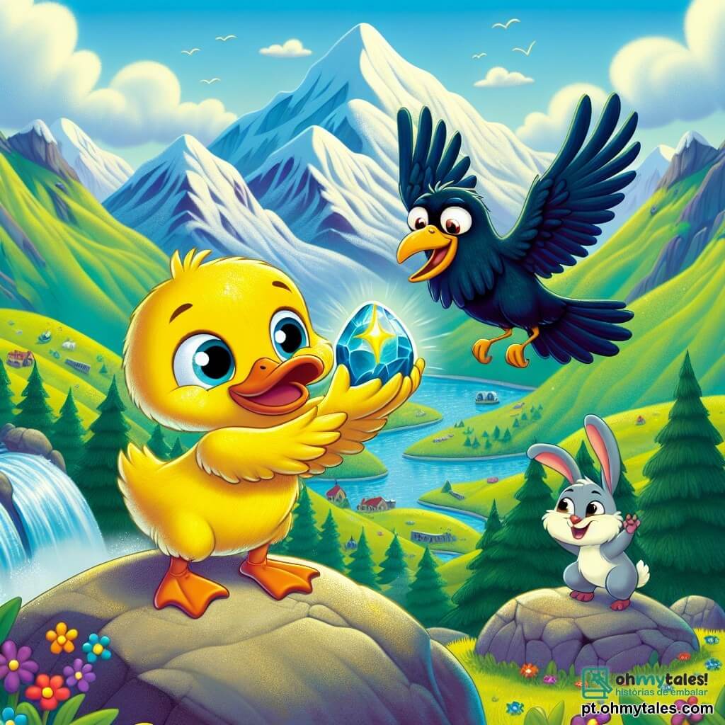 Um pato amarelo brilhante chamado Quico, com penas reluzentes e olhos cheios de curiosidade, está no topo de uma majestosa montanha, segurando no bico uma pedra cintilante que irradia cores douradas. Ao seu lado, uma pequena corvo chamada Azul, com penas azul-escuro e grandes olhos redondos, voa alegremente, com as asas abertas, como se estivesse cantando uma melodia de vitória. Um coelhinho travesso chamado Saltitão, com pelagem branca e orelhas longas, está na base da montanha, pulando de empolgação, pronto para celebrar seu sucesso. A paisagem é espetacular, com picos nevados tocando o céu e vales verdes abaixo, salpicados de flores coloridas que dançam ao vento. A cena transmite uma atmosfera de triunfo e amizade, enquanto Quico, Azul e Saltitão celebram juntos a descoberta da Pedra da Coragem, símbolo de sua aventura e de seu vínculo inquebrável.