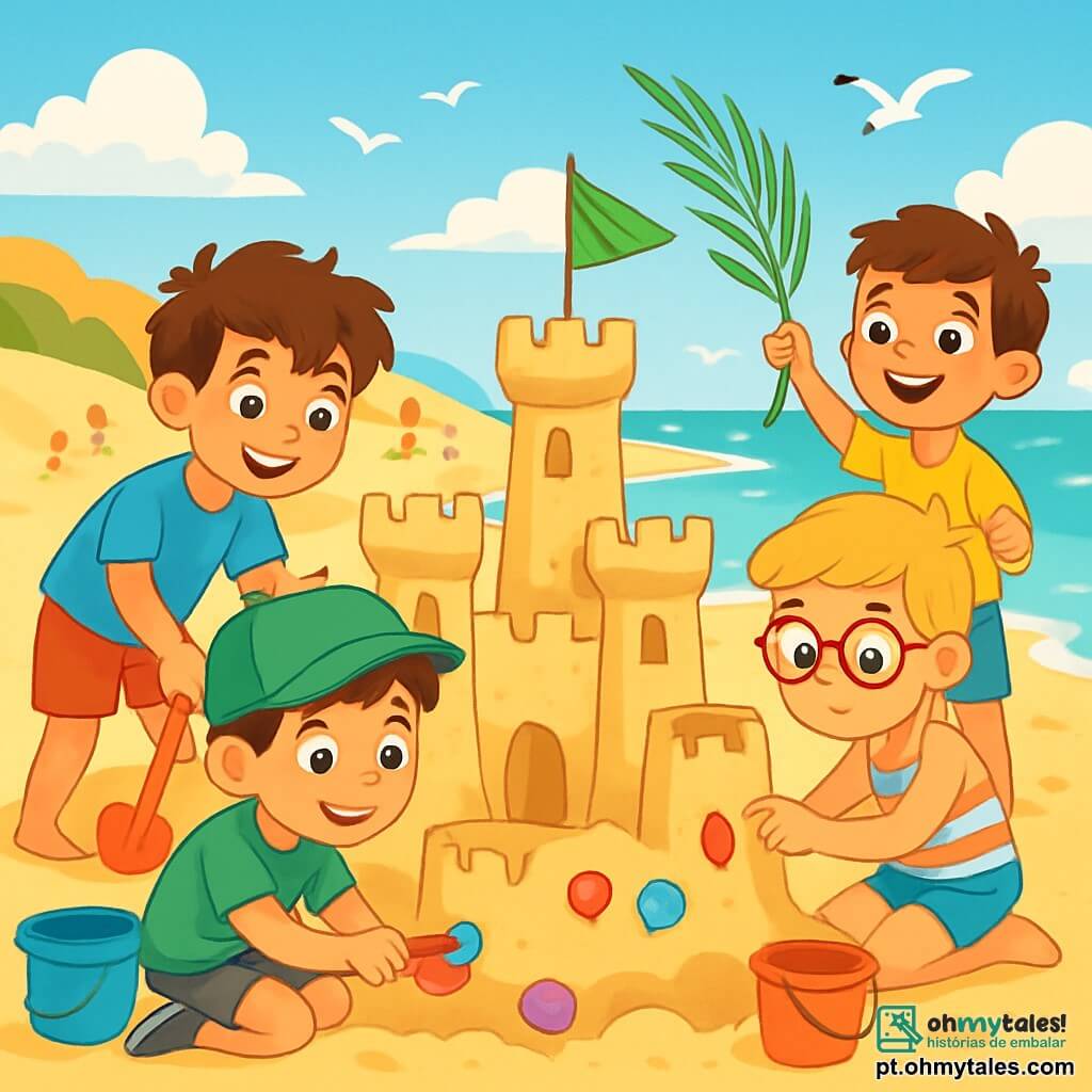 Há 4 crianças: - João: um menino de 10 anos, com cabelos castanhos bagunçados e olhos brilhantes. Ele usa uma camiseta azul e um short vermelho, e está cavando um buraco para o fosso ao redor do castelo de areia. - Pedro: um menino de 9 anos, com cabelos loiros e óculos. Ele usa um maiô listrado e está ocupado construindo uma torre de areia, concentrado em seu trabalho. - Lucas: um menino de 10 anos, com cabelos pretos e um boné verde. Ele está decorando o castelo com conchas coloridas, sentado na areia ao lado de João. - Miguel: um menino de 9 anos, com cabelos castanhos e um grande sorriso. Ele usa uma camiseta amarela e está em pé, segurando folhas de palmeira para fazer bandeirinhas, admirando o castelo. A cena acontece em uma praia ensolarada, com dunas de areia dourada e ondas quebrando suavemente na costa. O céu é de um azul brilhante, com algumas nuvens brancas e fofas. Ao fundo, pode-se ver crianças brincando e famílias aproveitando o sol, enquanto gaivotas voam sobre a água cintilante. A situação principal mostra os quatro amigos construindo um imenso castelo de areia, rindo e se divertindo juntos, cercados por baldes coloridos e pás, com o som das ondas e o perfume do mar.