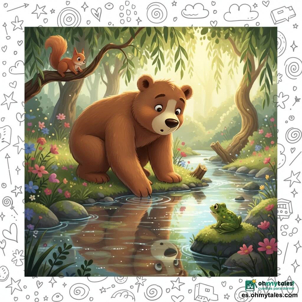 Un gran oso de peluche marrón llamado Balú, de rostro redondo y ojos brillantes, se agacha junto a un arroyo poniendo una pata en el agua; su reflejo nítido, con tonos ligeramente más fríos, le sonríe; a la derecha, una pequeña rana verde con manchas amarillas croa desde una piedra, y arriba a la izquierda una ardilla pelirroja de cola tupida observa desde una rama baja de sauce llorón; el arroyo claro con piedras musgosas, hierba, flores silvestres y troncos retorcidos recibe la luz del sol entre hojas verdes en manchas doradas; Balú descubre su reflejo y se pregunta por su identidad en una escena tranquila, contemplativa y ligeramente mágica.