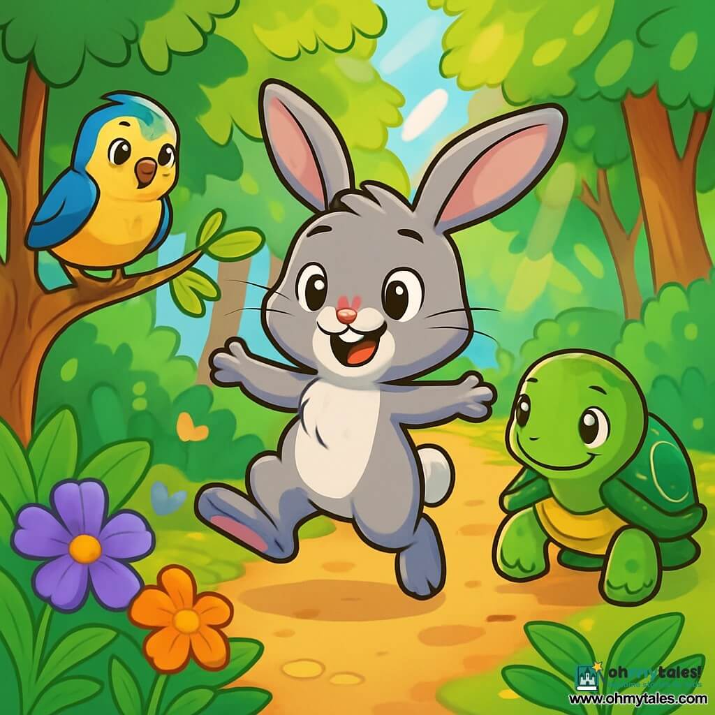 A young gray rabbit with large floppy ears named Benny stands in the center of the image, his eyes shining with excitement and a wide smile. He is joyfully hopping along a forest path, surrounded by colorful flowers and bright green leaves. To his right, a turtle with a shell shining like a gemstone, Oliver, moves slowly but determinedly. His wise eyes express gentle confidence as he looks at Benny with pride, taking care not to rush. To the left, a young bird with yellow and blue feathers, Lila, perches on a low branch, her expression one of gratitude and joy, ready to take flight. The setting is an enchanted forest, with sunlight filtering through the leaves, creating bright patterns on the ground. Vivid flowers like violets and daisies dot the path, while a gentle breeze makes the leaves dance. The scene captures the moment when Benny, Oliver, and Lila joyfully collaborate, ready to explore together, symbolizing friendship and support in the face of challenges.