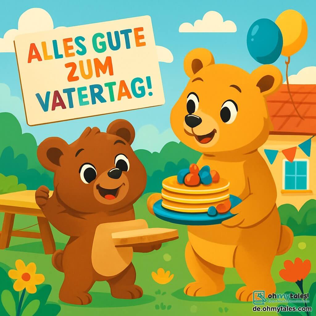 Ein kleiner brauner Bär namens Bruno mit einem weichen, seidigen Fell zeigt ein großes, fröhliches Lächeln, während er ein großes, buntes Schild mit glänzenden Buchstaben hält, auf dem steht: „Alles Gute zum Vatertag!“. Er steht auf seinen Hinterbeinen, seine Augen funkeln vor Aufregung. Neben ihm lächelt eine Mama-Bärin mit goldenem Fell und warmen Augen zärtlich, während sie ein Tablett mit köstlichen Pfannkuchen und bunten Früchten hält. Sie schaut stolz zu Bruno, ihre spitzen Ohren stehen vor Begeisterung auf. Die Szenerie spielt in einem grünen Garten, der mit strahlenden, bunten Blumen gefüllt ist, unter einem klaren blauen Himmel mit flauschigen weißen Wolken. Ein großer Picknicktisch ist gedeckt, geschmückt mit bunten Papiergirlanden und schwebenden Ballons. Die Hauptszene zeigt Bruno und seine Mama, die eine fröhliche Überraschung für Papa Bär vorbereiten, der noch drinnen im Haus schläft, während der süße Duft von Pfannkuchen in der Luft liegt.