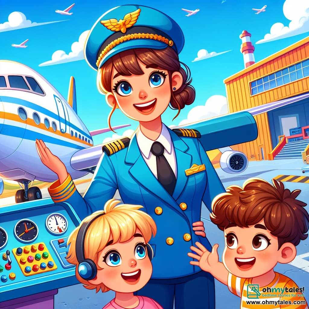 A smiling pilot, Captain Lily, is a woman with brown hair tied in a bun, wearing a bright blue uniform with gold epaulettes. She stands next to her airplane with her arms open, radiating joy and excitement. Beside her are two children, Max and Mia, an 8-year-old boy with blond hair and a 7-year-old girl with curly brown hair. Max, with a big smile, points at the plane, while Mia, with wide eyes, admires the cockpit. The scene takes place on a sunny tarmac with a bright blue sky dotted with fluffy white clouds. In the background, colorful airplane hangars and maintenance tools can be seen. The main situation shows Captain Lily explaining to the children how the airplane works, with shiny buttons and levers, while they dream of flying in the sky.