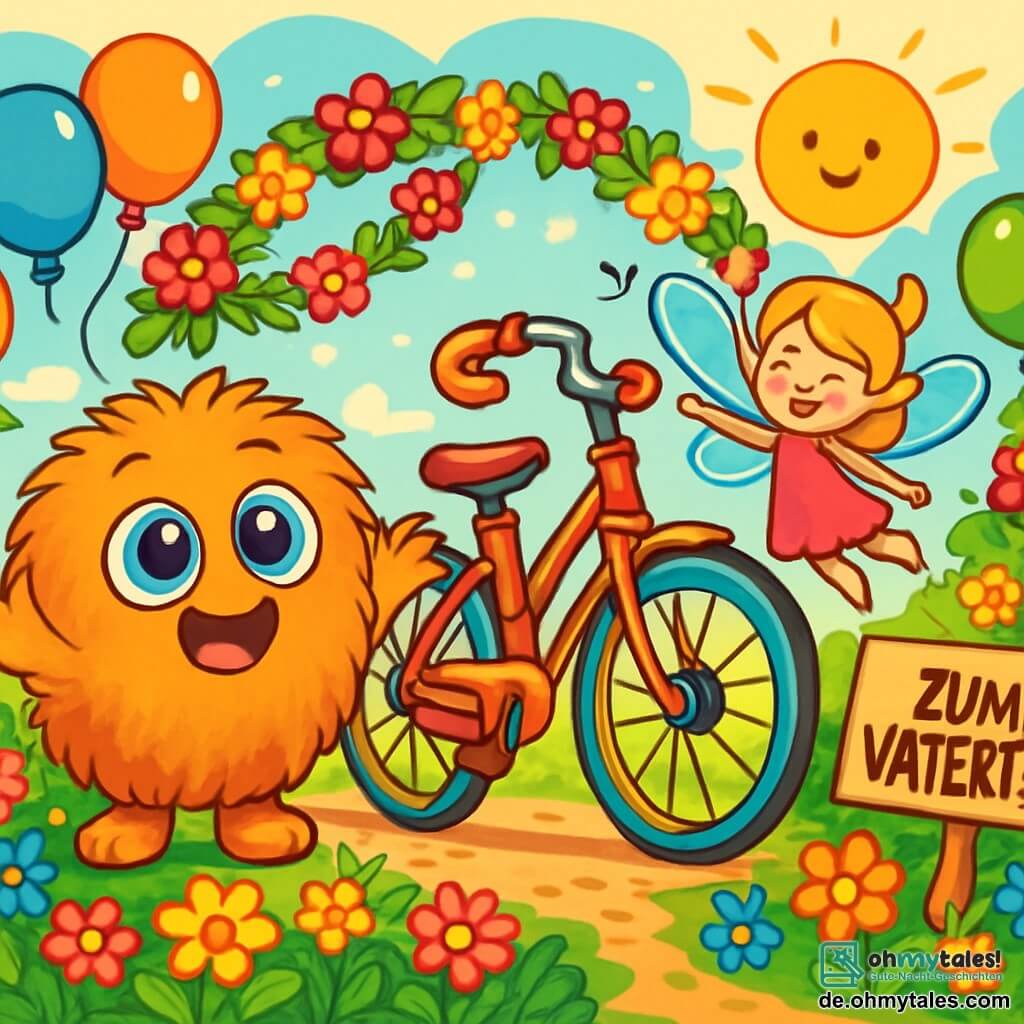 Lilli, ein kleines, flauschiges Wesen mit großen, funkelnden blauen Augen und weichem Fell, ist voller Freude und Aufregung. Sie steht vor einem wunderschönen alten Fahrrad, das in lebhaften Farben glänzt, mit einem breiten Lächeln im Gesicht. Neben ihr tanzt Mimi, eine kleine Fee mit glitzernden Flügeln und goldenen Haaren, fröhlich in der Luft, ihre Augen funkeln vor Begeisterung. Die Kulisse ist ein zauberhafter Garten, gefüllt mit strahlenden Blumen und bunten Ballons, die in der Luft schweben. Die Sonne scheint sanft und taucht die Szene in goldenes Licht. Lilli und Mimi bereiten eine Überraschung zum Vatertag vor, umgeben von Blumengirlanden und Lachen, während das restaurierte und glänzende Fahrrad stolz im Mittelpunkt steht, bereit verschenkt zu werden.