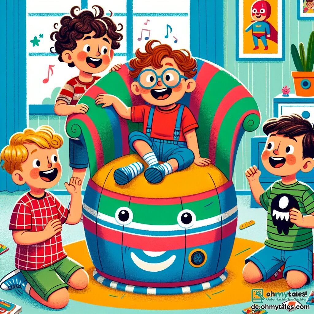 Vier Jungen im Alter von 8 bis 10 Jahren stehen um einen großen, bunten Wackelstuhl. Max, ein Junge mit braunen, lockigen Haaren, trägt ein rotes T-Shirt und blaue Shorts und lacht, während er die Arme hebt. Leo, mit blonden Haaren und einer Brille, ist in ein kariertes Hemd gekleidet und macht eine Tanzbewegung. Ben, ein Junge mit glatten, schwarzen Haaren, trägt ein grünes T-Shirt und lächelt, während er sich nach vorne beugt. Schließlich klatscht Tim, mit braunen Haaren und einem Piratenhut, begeistert in die Hände. Der Raum ist fröhlich dekoriert, mit hellblauen Wänden, Superhelden-Postern und verstreuten Spielzeugen. In der Mitte steht der Wackelstuhl, ein bunter Sessel mit gestreiften Mustern und lächelnden Augen, der bereit zu tanzen scheint. Die Szene zeigt die Jungen, die um den Wackelstuhl herum Spaß haben, während dieser zu tanzen beginnt und eine Atmosphäre von Freude und Lachen schafft. Die Jungen singen zusammen, ihre Gesichter strahlen vor Glück, während der Wackelstuhl hin und her wackelt, als würde er sie einladen, mit ihm zu tanzen.