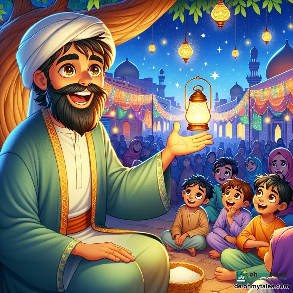 Malik, ein mittelalter Mann mit braunem Bart und weiser Ausstrahlung, steht unter einem großen Baum auf dem Markt und hält eine Lampe mit blauem Licht, die warm leuchtet. Sein Gesicht strahlt Freude und Gelassenheit aus, während er den versammelten Kindern eine fesselnde Geschichte erzählt. Amir, ein etwa 10-jähriger Junge mit zerzausten schwarzen Haaren und strahlendem Lächeln, sitzt im Schneidersitz neben Malik und hört aufmerksam zu, seine Augen leuchten vor Staunen. Samir, sein 12-jähriger Bruder mit sanften Zügen und bemehlten Händen, steht etwas im Hintergrund, nachdenklich blickend, als würde er über seine eigenen Gefühle nachdenken. Der Ort ist ein lebhafter Markt, erfüllt mit lebhaften Farben: Stände mit saftigen Früchten, schimmernden Stoffen und funkelnden Laternen. Im Hintergrund lachen die Menschen und tauschen Waren unter einem dämmernden Himmel, in dem die Sterne zu erscheinen beginnen. Die Hauptsituation zeigt Malik, der sein Publikum mit zauberhaften Worten fesselt, während die Flamme seiner Lampe tanzt und die Gesichter der staunenden Kinder erleuchtet. Die Atmosphäre ist magisch und warm, erfüllt von Neugier und Kameradschaft.
