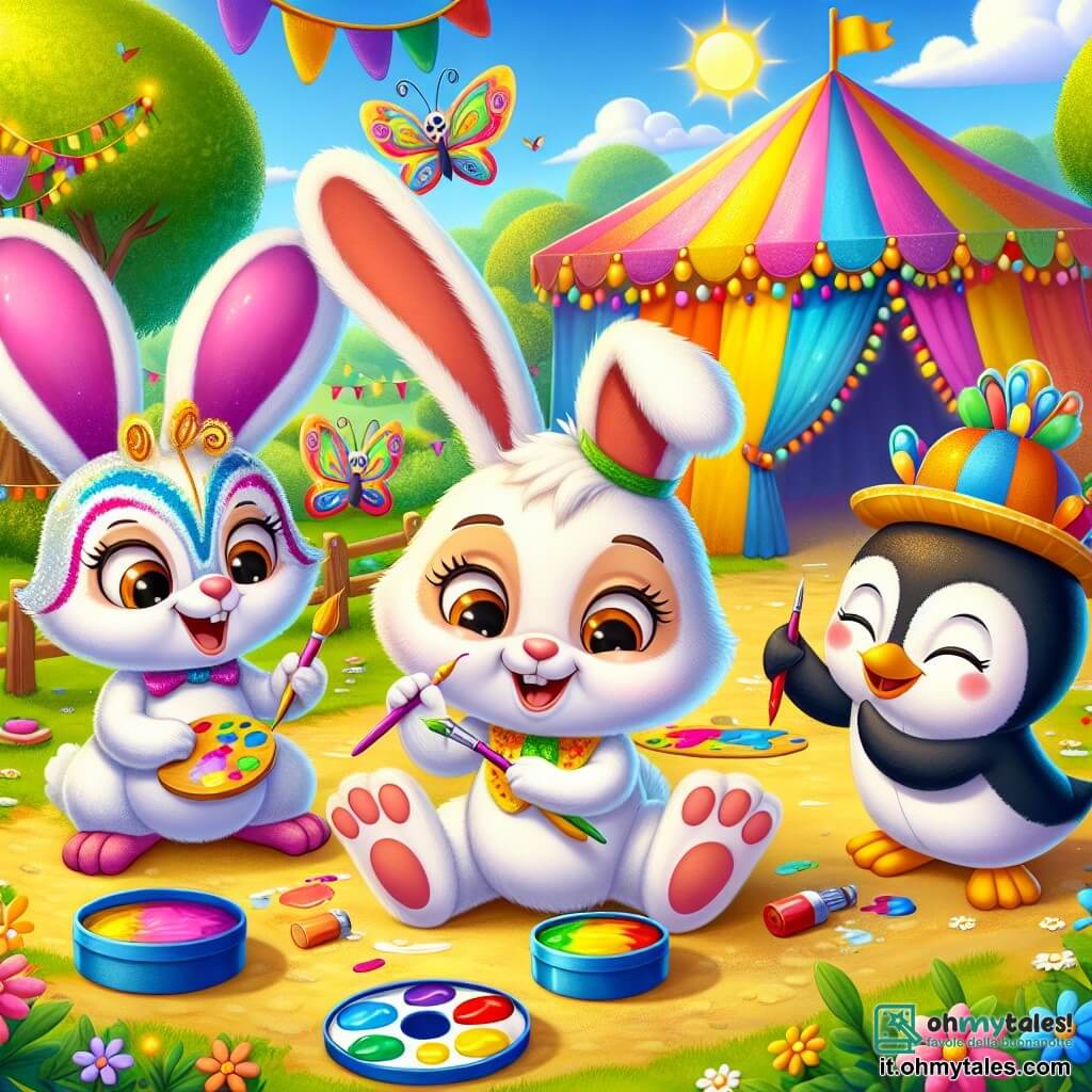 Un adorabile coniglietto di nome Bobo, con pelliccia bianca e grandi orecchie, sta dipingendo maschere colorate per il carnevale, mostrando un grande sorriso di eccitazione. Accanto a lui, Clara, una bellissima farfalla dalle ali multicolori, vola felice scegliendo colori vivaci per le maschere, il suo viso splendente di gioia. Pino, un carino pinguino con la pancia bianca e un piccolo cappello, sta indietro ridendo e raccontando barzellette, con gli occhi scintillanti di malizia. La scena si svolge in una grande radura soleggiata, circondata da alberi verdi e fiori vivaci, con un grande tendone colorato decorato di ghirlande e palloncini sullo sfondo. Bobo, Clara e Pino stanno preparando il carnevale, creando un'atmosfera festosa e gioiosa, piena di colori vivaci e risate.