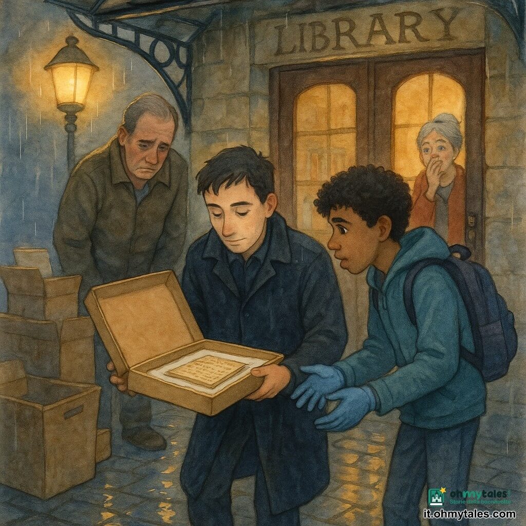 Uomo adulto, Lorenzo il detective, calmo e concentrato, volto dai tratti dolci, cappotto scuro bagnato dalla pioggia, tiene con cura una scatola piatta di cartone rigido aperta che mostra un vecchio manoscritto avvolto in un tessuto chiaro; uomo adulto, Gabriele, circa 50 anni, espressione vergognosa e stanca, mani robuste sulle ginocchia, in piedi leggermente dietro a sinistra di Lorenzo con lo sguardo abbassato; ragazzo adolescente, Samir, circa 17 anni, curioso e attento, capelli ricci, con zaino e guanti in nitrile che porge verso la scatola, a destra di Lorenzo pronto ad aiutare; donna anziana, la signora Rinaldi, circa 60 anni, viso sollevato e occhi lucidi, mano alla bocca, dietro gli altri vicino alla porta vetrata della biblioteca; luogo: ingresso esterno della biblioteca sotto una pensilina metallica, sampietrini bagnati che riflettono lanterne gialle, cassette per cartone e una vecchia porta vetrata con cornice in legno che mostra l'interno illuminato; situazione: scoperta solenne del manoscritto nascosto tra scatole, sera piovosa con luce morbida, colori sbiaditi e texture acquerellate, emozione contenuta e collaborazione silenziosa tra i presenti.