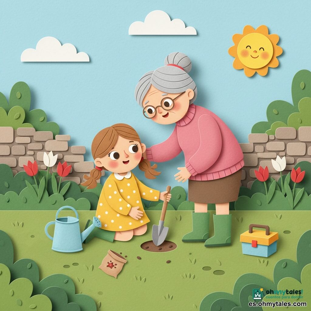 Niña de 6 años en el centro, rostro redondo, ojos grandes y brillantes, cabello castaño claro en dos trenzas, con vestido amarillo de lunares blancos y botas de goma verdes, sonriente y arrodillada plantando una semilla; a su lado, la abuela de unos 65 años, pelo gris recogido en moño, gafas redondas y jersey rosa, inclinada enseñándole con una mano en su hombro y mostrándole una pequeña pala de madera; cerca, una regadera metálica azul claro, un sobre pequeño de semillas abierto y una caja de herramientas colorida; claro de jardín soleado con arbustos, un viejo muro de piedra, césped verde, tulipanes rojos y blancos al fondo y cielo azul pastel con sol estilizado; momento primaveral tranquilo y esperanzador, colores vivos, formas simples y texturas tipo papel.