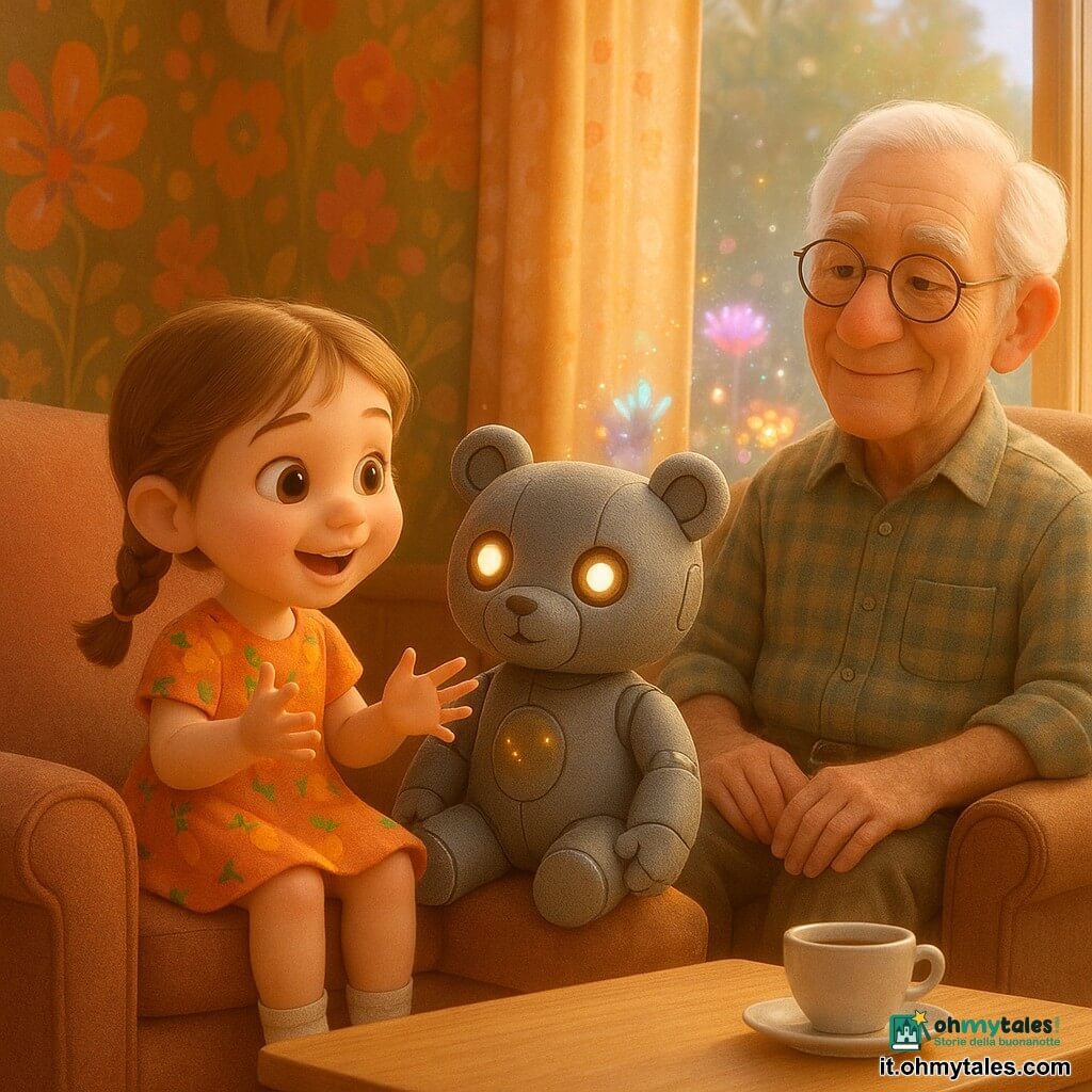 Bambina di 4 anni, felice e dolce, capelli castano chiaro in due piccole trecce, vestito colorato con motivi di carote, seduta sulle ginocchia di un orsetto-robot di peluche che ascolta mentre lei racconta una storia con mani espressive e volto sorridente; un orsetto-robot di peluche dalla texture morbida e parti metalliche lucenti, occhi LED caldi e una piccola melodia luminosa; un vicino anziano di circa 75 anni, capelli bianchi, occhiali rotondi e camicia a quadri, seduto in una grande poltrona vicino alla finestra che ascolta sorridendo guardando il giardino; fuori, visibile da una grande finestra aperta, aiuole di fiori meccanici con petali metallici e neon che si aprono diffondendo colori vivaci e scintille; ambiente caldo retro-futuristico con pareti a motivi floreali luminosi, tavolo in legno chiaro, tazza fumante e raggi di sole morbidi; scena principale: la bambina racconta sul grembo dell'orsetto-robot, l'uomo anziano ascolta e i fiori robotici fuori si risvegliano e brillano in risposta, atmosfera pacifica, colori pastello vividi e luci scintillanti.
