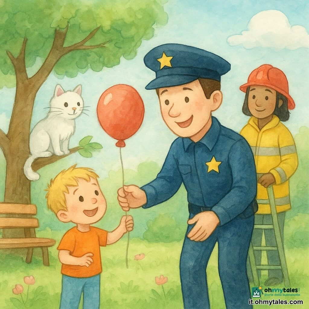 Un poliziotto sorridente dai capelli castani e pelle chiara porge allegramente un palloncino rosso a un ragazzino biondo di circa 5 anni che lo tiene per la cordicella; un gatto bianco e soffice su un ramo basso a sinistra osserva la scena; dietro, leggermente a destra, una pompiera sui 30 anni con casco rosso e giacca gialla regge una piccola scala appoggiata all'albero; ambientazione: parco soleggiato con prato verde, fiori rosa, una panchina a sinistra e nuvole soffici in un cielo azzurro pallido; stile dolce, colori pastello e tratti acquerello leggeri.