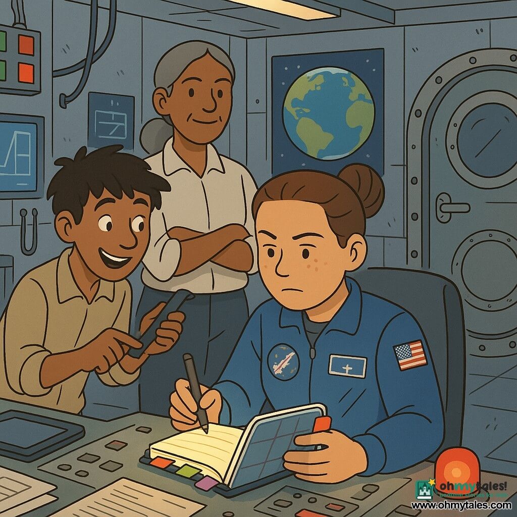 A female astronaut, about 28, round face with freckles, brown hair in a tight bun, focused and calm with slightly furrowed brows, holding a color-tabbed notebook and a pen, seated in a cluttered control station wearing a blue training suit with mission patches; a young man about 22 with messy hair and a mischievous smile stands to her left offering a strip of Velcro and encouraging her; a middle-aged female instructor of about 45 with gray hair in a low ponytail and a benevolent gaze stands behind them with arms crossed; interior of a space center with gray metal walls, green and red lights, screens showing blue graphs, Velcroed tablets, hanging cables, large Earth posters, and a round airlock door in the background; the astronaut is running a simulation, following a checklist from her notebook while a red alarm flashes above, warm concentrated light on the notebook, atmosphere of controlled tension and methodical organization.