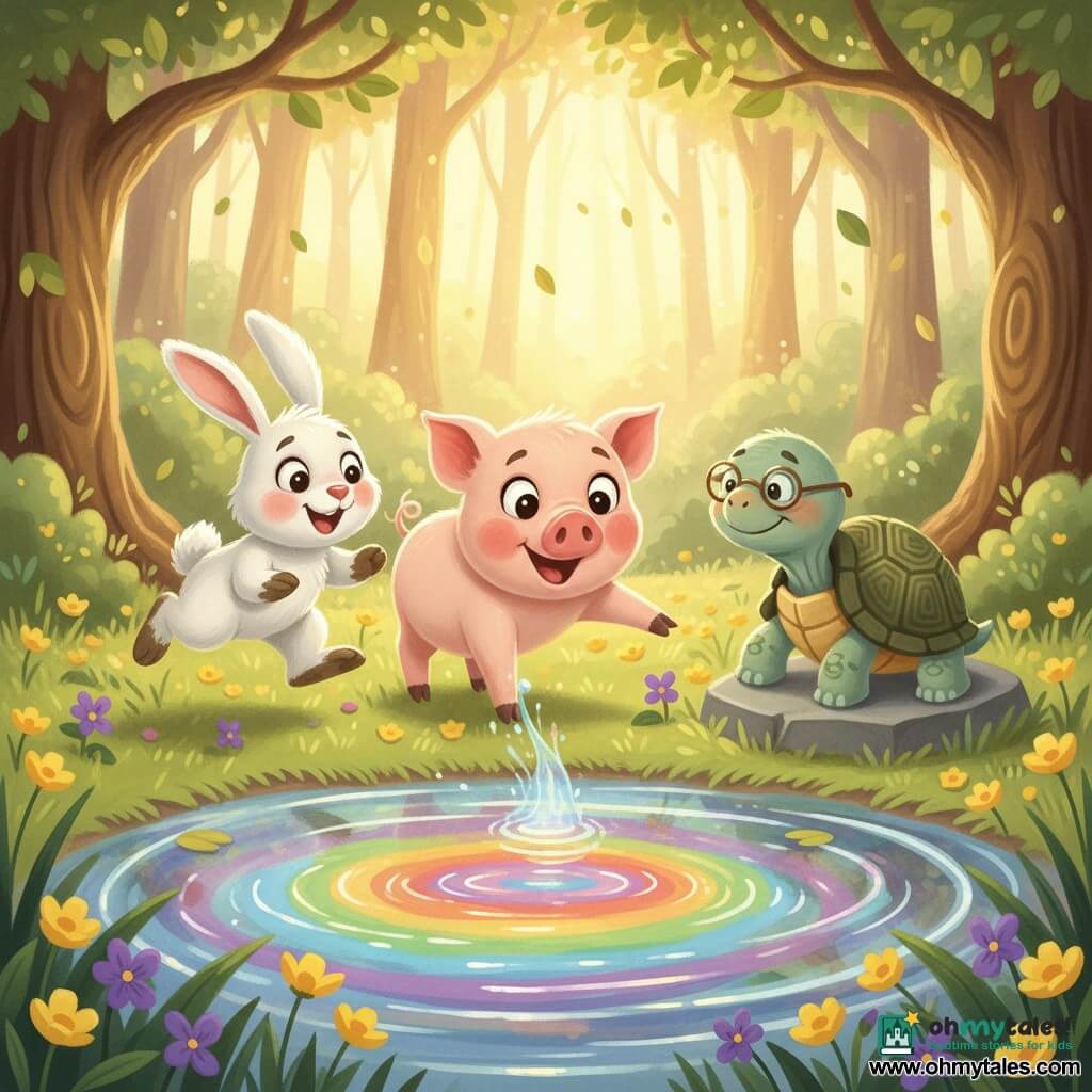 A small pig named Percy, joyful and amazed, pale pink with big bright eyes, rosy round cheeks, a tiny corkscrew tail and one hoof reaching toward the shimmering surface of a colorful pond; to the left, a small white bunny named Ruby, excited and smiling with upright ears, soft fur and muddy paws, hops near the water’s edge; to the right, an elderly turtle named Timothy, calm and kind with a textured green shell and round glasses, sits on a flat stone; they stand together at the edge of the Rainbow Pond in a sunlit woodland clearing with green grass dotted with yellow and purple flowers, knobbly brown tree trunks and translucent leaves, watching liquid rainbow colors swirl—warm, child-friendly gouache style with visible brush textures, a bright pastel palette and a clear centered composition.