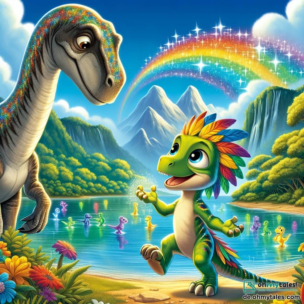 Ein Velociraptor namens Rafi mit leuchtend grünen und gelben Federn, großen neugierigen Augen und einem fröhlichen Lächeln steht am Ufer eines wunderschönen, schimmernden Sees, der in Regenbogenfarben leuchtet. Er springt vor Freude, seine kleinen Hinterbeine in die Luft gehoben, während er fasziniert den leuchtenden Kreaturen zusieht, die um ihn herumtanzen. Neben ihm steht Benny, ein großer Brachiosaurus mit langem Hals, grauer Haut und grünen Flecken, der freundlich lächelt. Er beugt sich leicht zu Rafi und beobachtet den See mit Faszination. Die Kulisse ist eine üppige Insel, umgeben von majestätischen Bergen und dichten Wäldern, in denen bunte Blumen in Hülle und Fülle wachsen. Der Himmel ist strahlend blau, mit flauschigen weißen Wolken, und die Sonne scheint hell, was eine fröhliche und magische Atmosphäre schafft. Die Hauptsituation zeigt Rafi und Benny, die gemeinsam das Geheimnis des leuchtenden Sees entdecken, voller Staunen und Aufregung, bereit für ein neues Abenteuer.